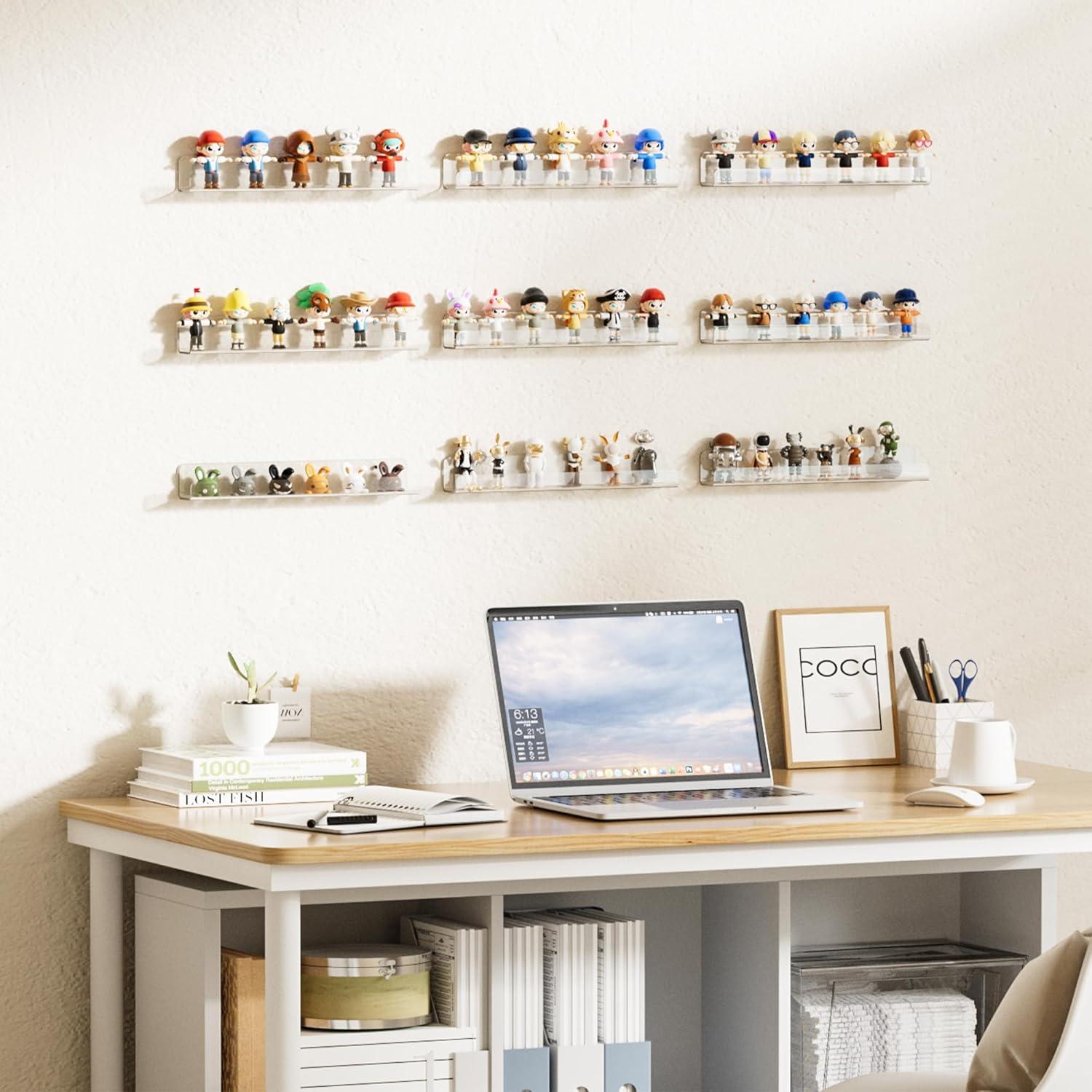 upsimples 6 Pack Clear Acrylic Shelves, 1.7" x12" Nursery Bookshelves, Small Floating Bookshelf for Kids Baby, Vinyl Wall Mount, Record Holder, Magazine Rack, Comic Display, Picture Ledge Shelf Décor