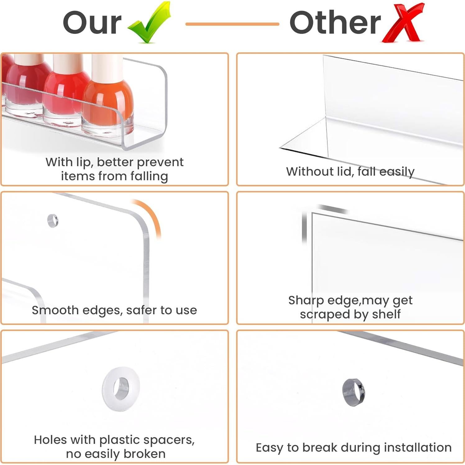 upsimples 6 Pack Clear Acrylic Shelves, 1.7" x12" Nursery Bookshelves, Small Floating Bookshelf for Kids Baby, Vinyl Wall Mount, Record Holder, Magazine Rack, Comic Display, Picture Ledge Shelf Décor