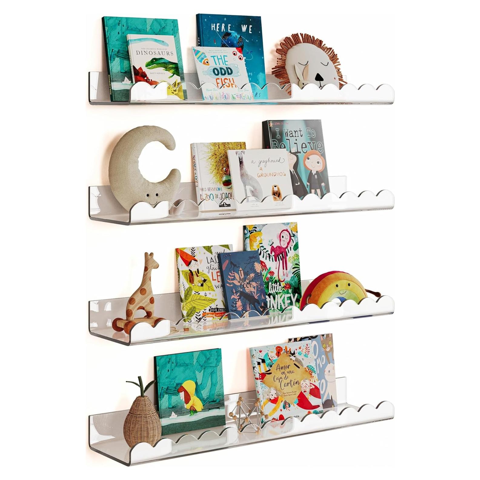 4 Pack Clear 15.7 Inches Acrylic Book Shelf for Kids Room, Floating Kids Book Shelves for Wall, Nursery Book Shelves, Magazine Rack, Picture Ledge (Clear, 15.7)