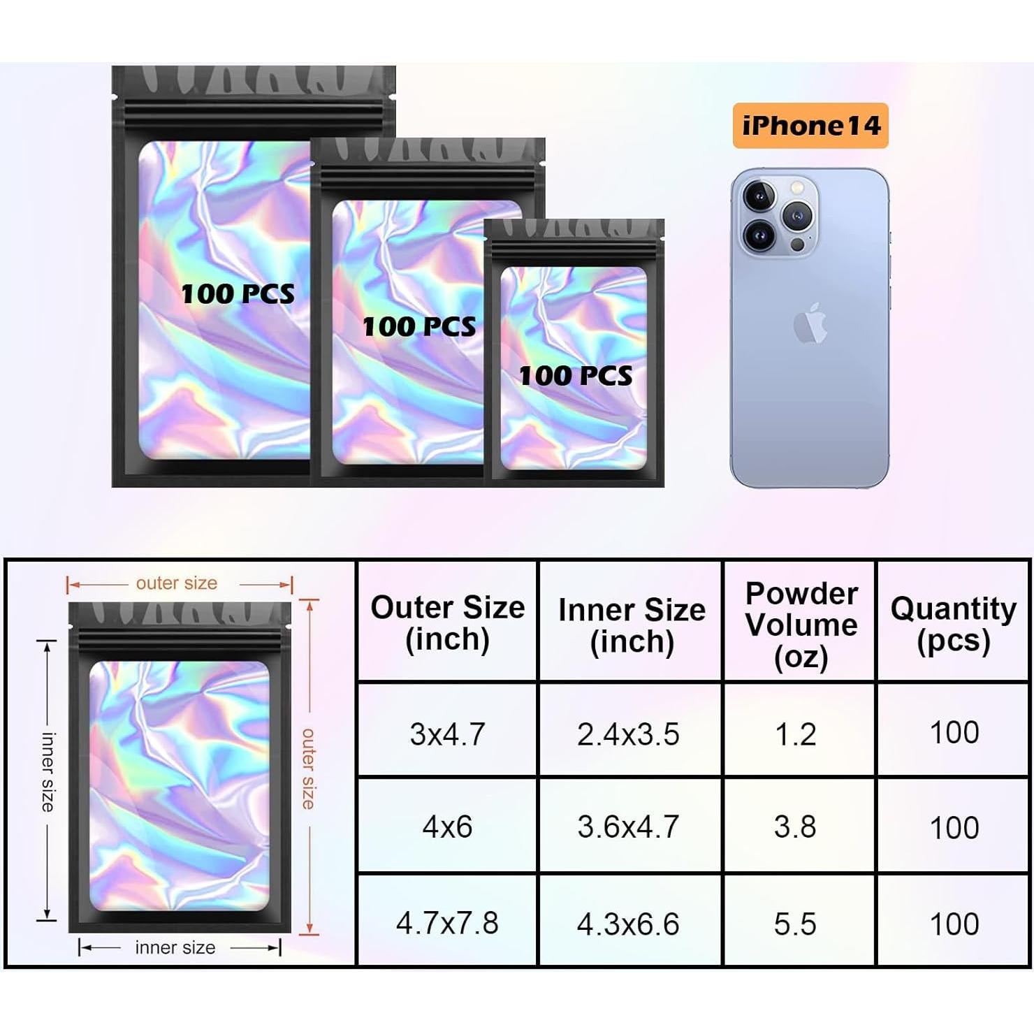 300 Bolsas Holográficas Mylar Arsmat, 3 Tamaños Reutilizables