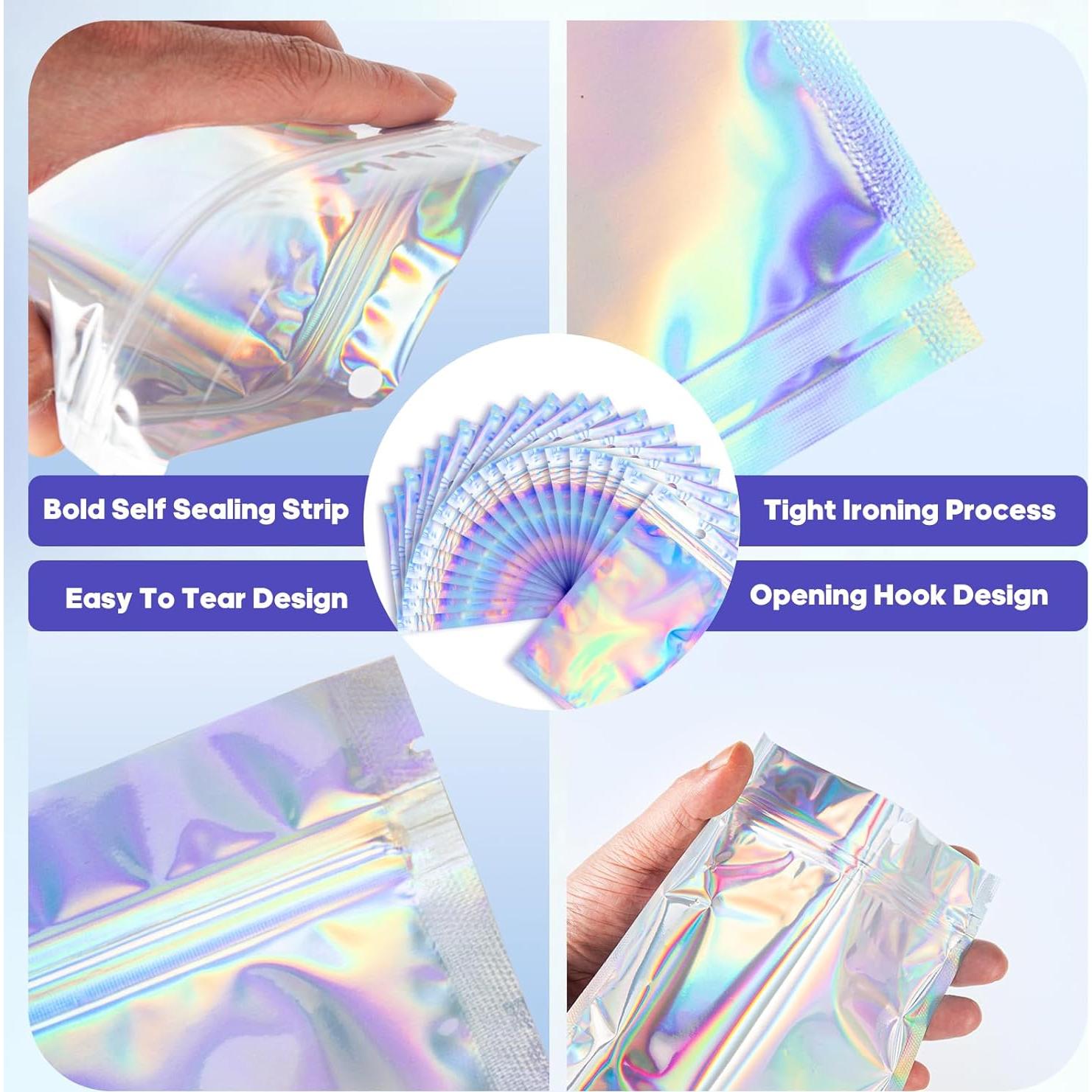 6x9 inch Holographic Bags, Resealable Foil Pouch Mylar Sample Bag Great for Small Business and Party Favor Food Storage（50 Pcs-6.3x9.4 in）-Smell Proof Bags