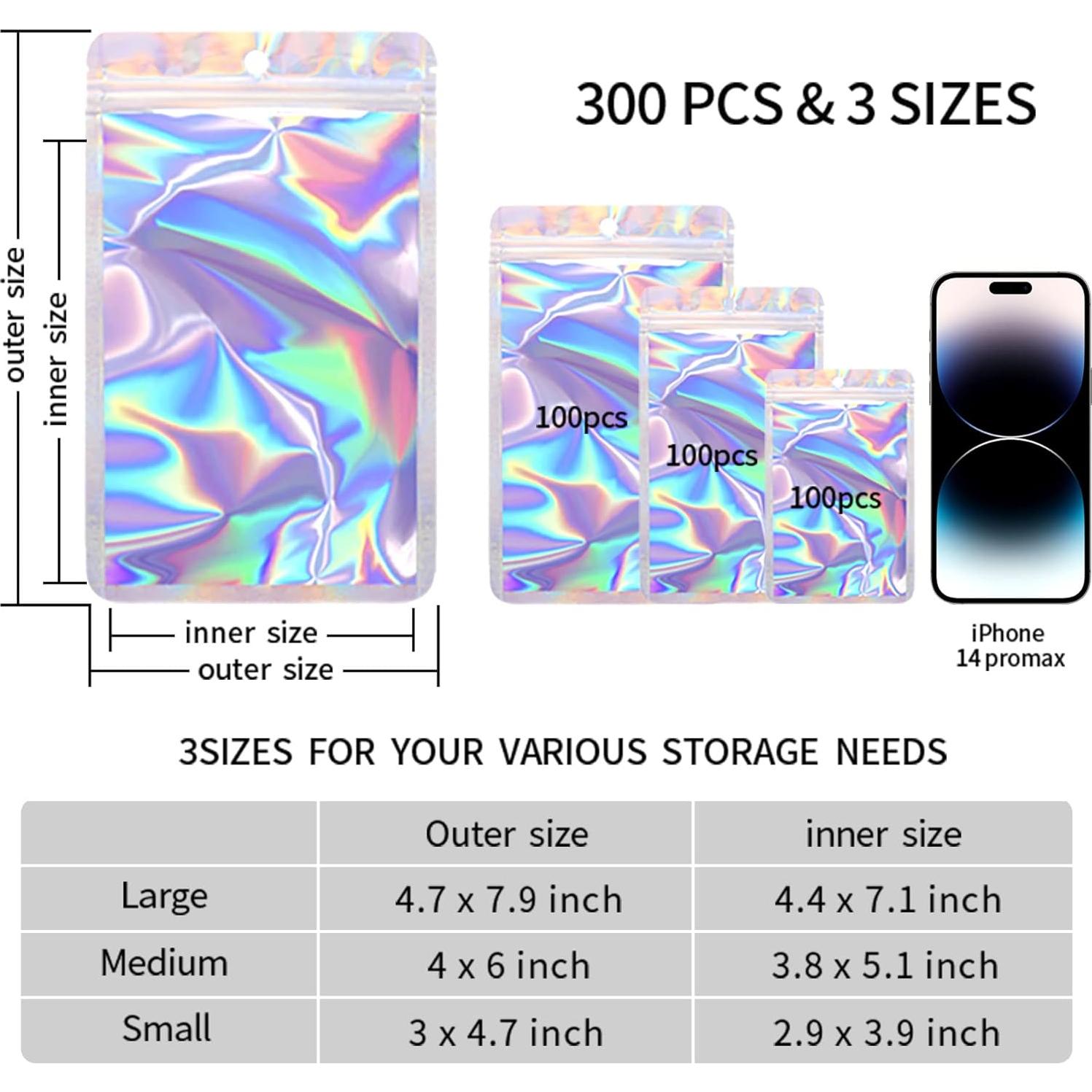 300 Bolsas Mylar Holográficas Resellables Funnyleaf 3 Tamaños