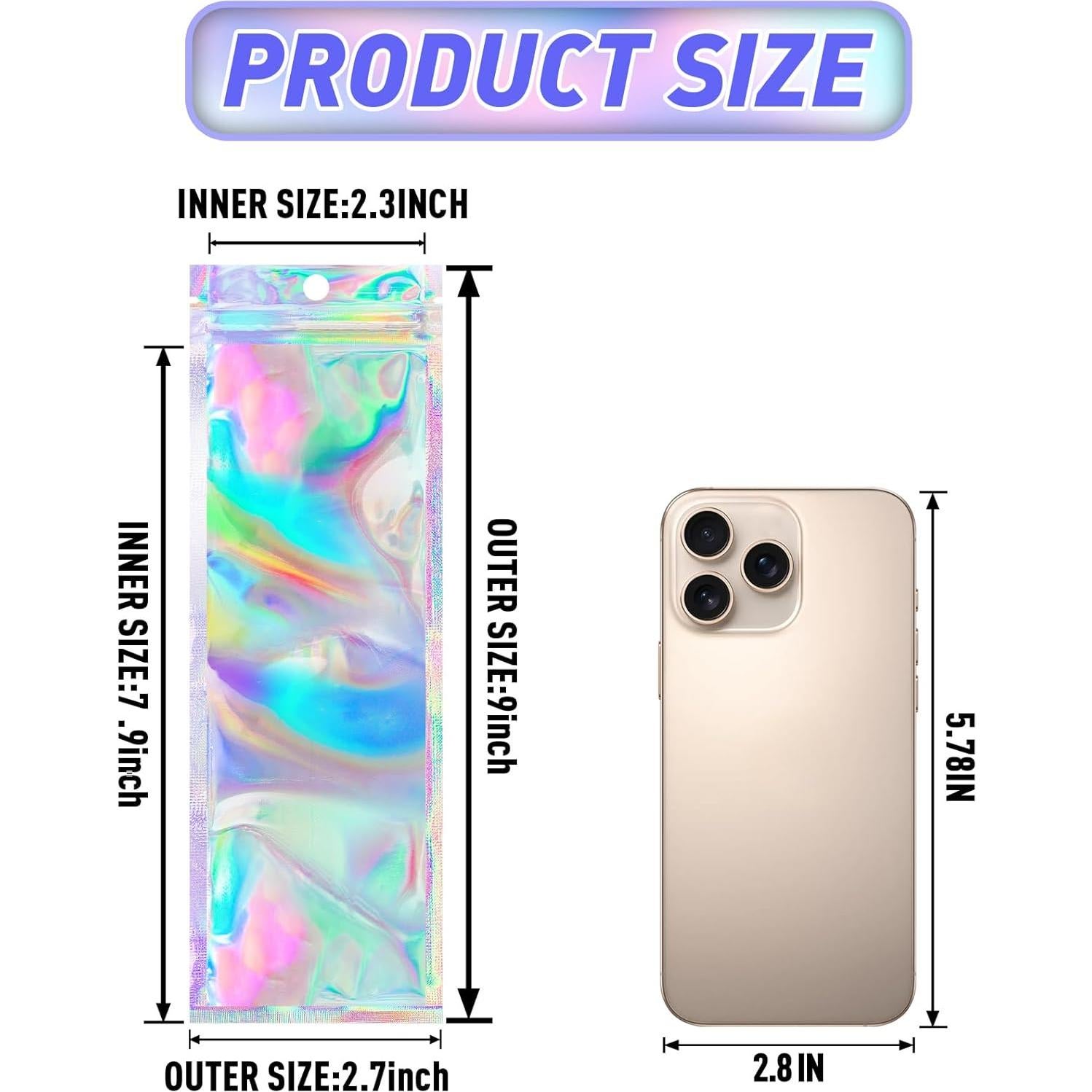 Bolsas Holográficas Re sellables FUNFERY 100 Unidades 6.86x22.86 cm