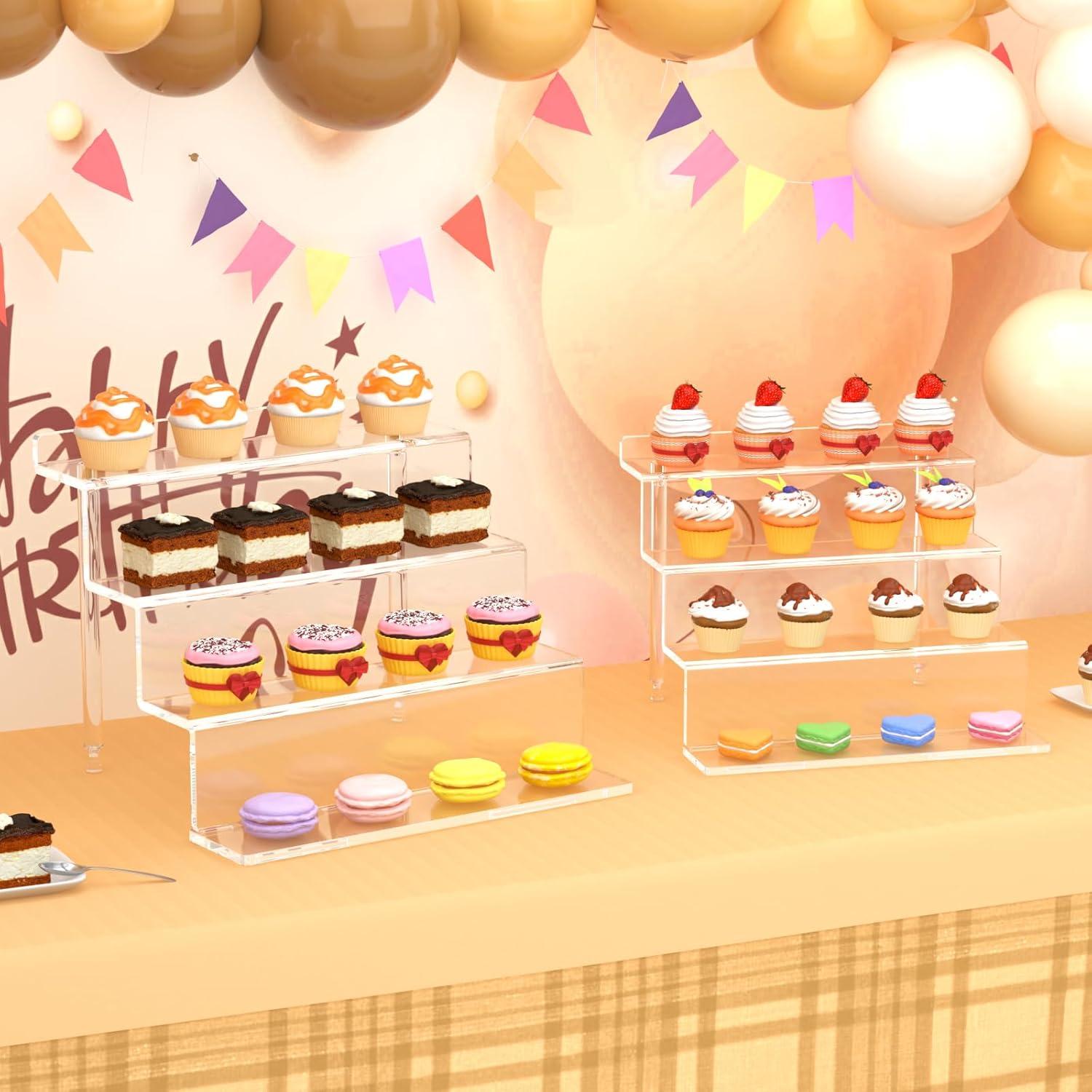 NIUBEE Acrylic Riser Display Shelf, Clear Display Stand for Amiibo Funko POP Figures,4 Tier Cupcakes Stand Perfume Organizer and Storage (9 Inch Small)