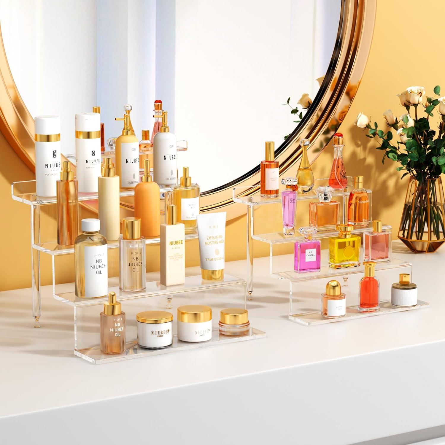 NIUBEE Acrylic Riser Display Shelf, Clear Display Stand for Amiibo Funko POP Figures,4 Tier Cupcakes Stand Perfume Organizer and Storage (9 Inch Small)