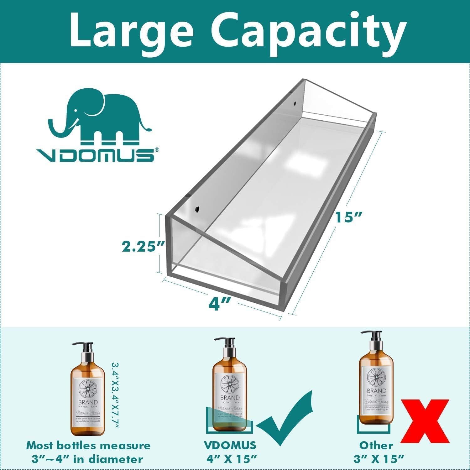 Vdomus Set of 2 Acrylic Bathroom Shelves - 15"x4" Clear Floating Wall Shelf for Storage and Display Transparent No-Drill Shower Organizer, Modern Bathroom Wall Rack