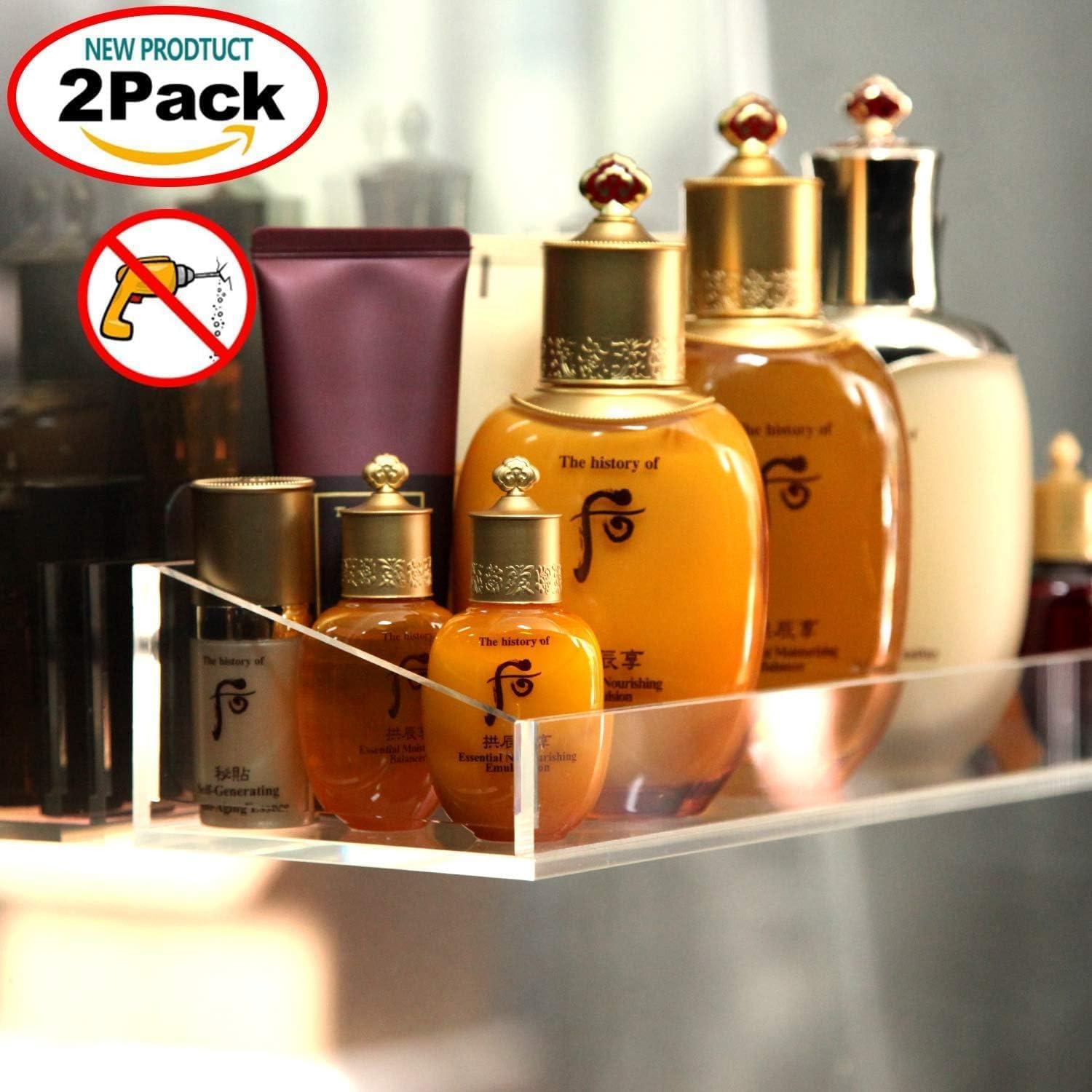 Vdomus Set of 2 Acrylic Bathroom Shelves - 15"x4" Clear Floating Wall Shelf for Storage and Display Transparent No-Drill Shower Organizer, Modern Bathroom Wall Rack