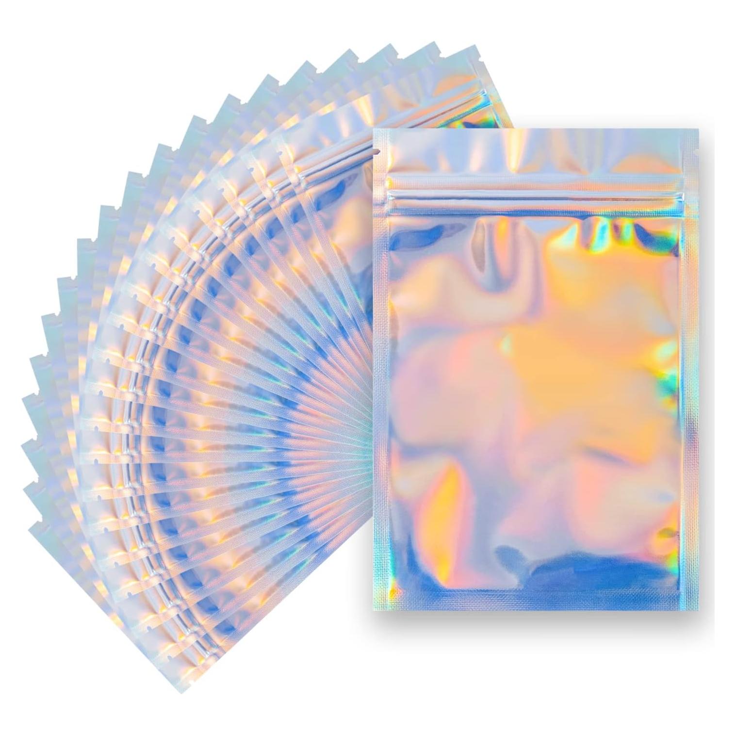 100 Pieces Resealable Smell Proof Bags - 4 x 6 Inches Foil Pouch Bags， Flat Clear Food Storage Bags Plastic Packaging Foil Mylar Bags for Party Favor Food Storage (Holographic Rainbow Color)