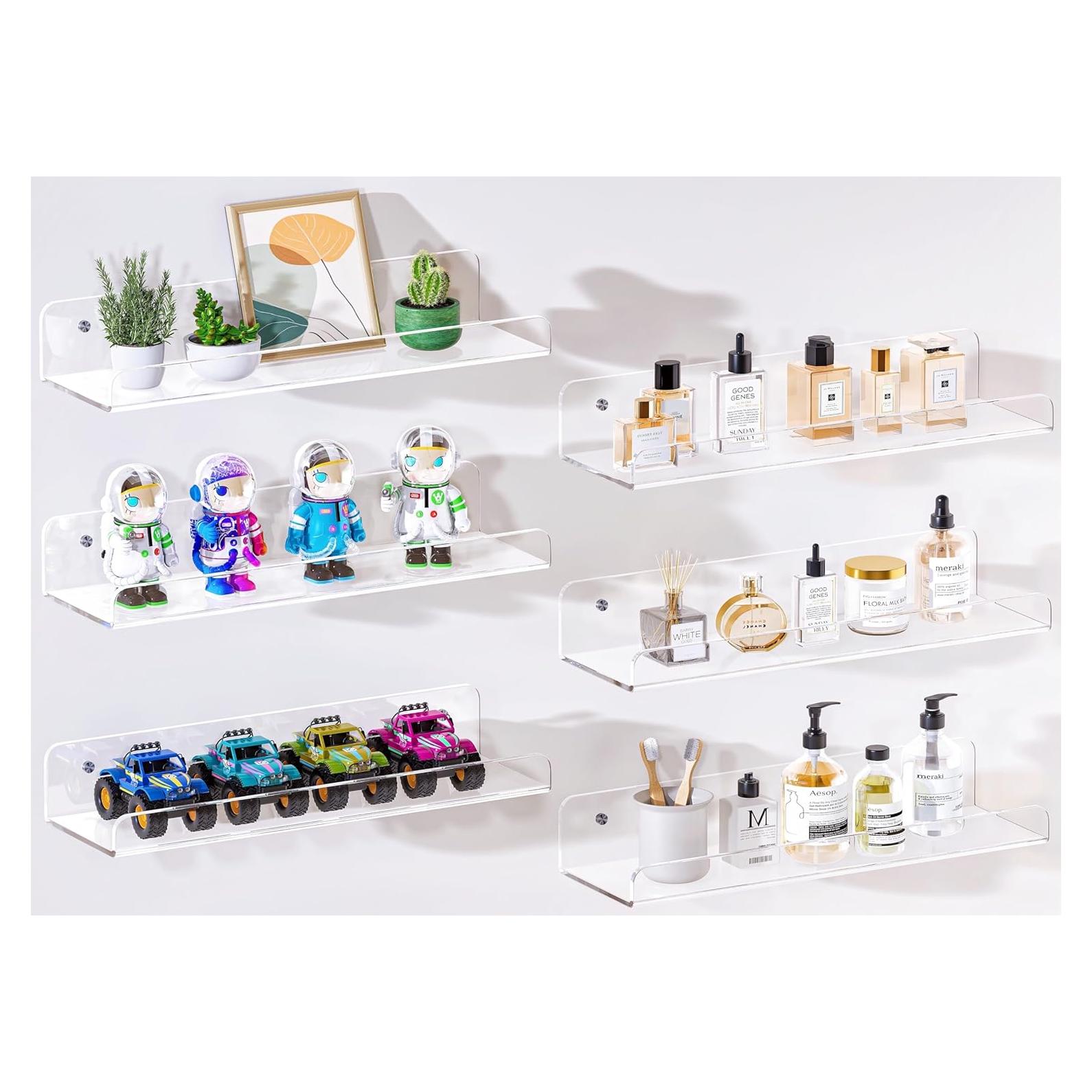 Acrylic Shelves for Wall Storage, 6 Pack Clear Floating Shelves for Lego Vinyl Record Monster Truck, Book Shelves for Kids Bedroom, Wall Mounted Shelf for Bathroom, Living Room, Kitchen