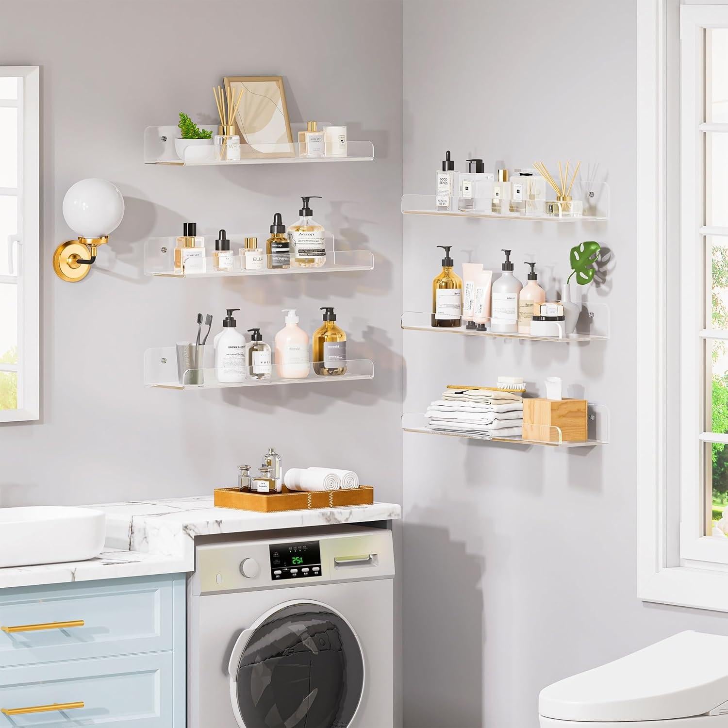 Acrylic Shelves for Wall Storage, 6 Pack Clear Floating Shelves for Lego Vinyl Record Monster Truck, Book Shelves for Kids Bedroom, Wall Mounted Shelf for Bathroom, Living Room, Kitchen