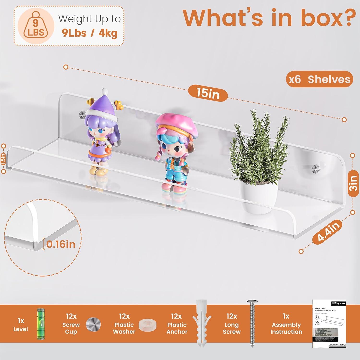 Acrylic Shelves for Wall Storage, 6 Pack Clear Floating Shelves for Lego Vinyl Record Monster Truck, Book Shelves for Kids Bedroom, Wall Mounted Shelf for Bathroom, Living Room, Kitchen