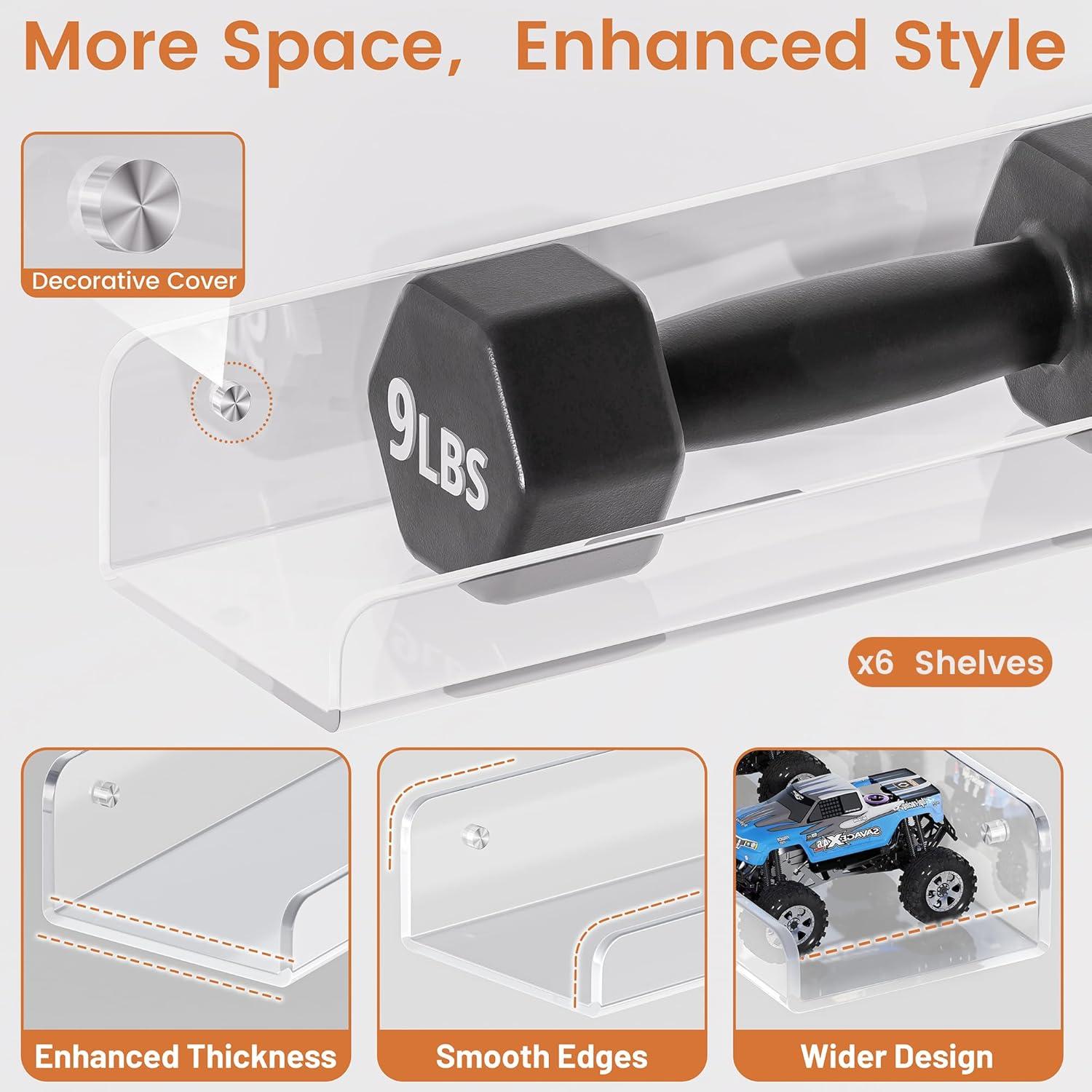 Acrylic Shelves for Wall Storage, 6 Pack Clear Floating Shelves for Lego Vinyl Record Monster Truck, Book Shelves for Kids Bedroom, Wall Mounted Shelf for Bathroom, Living Room, Kitchen