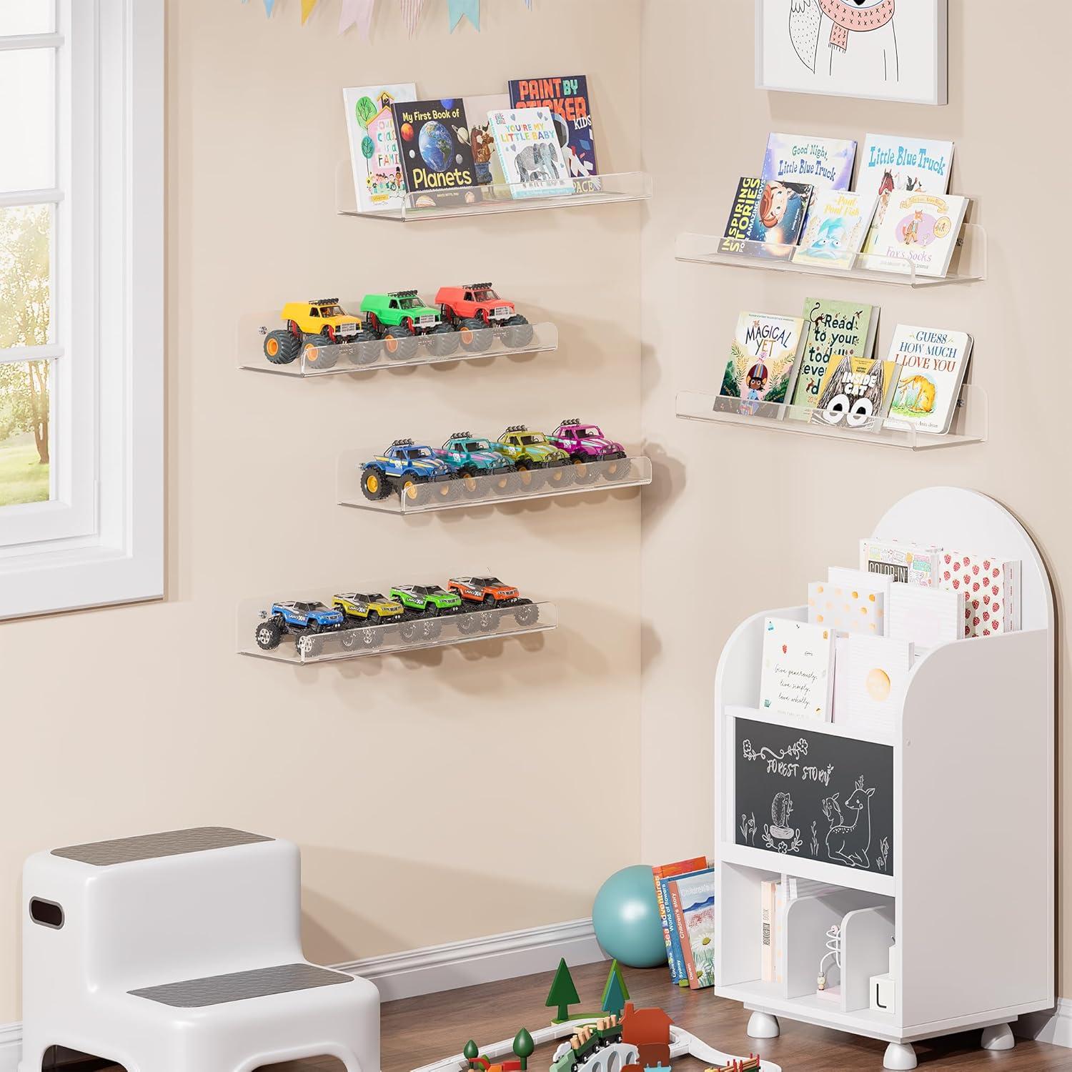 Acrylic Shelves for Wall Storage, 6 Pack Clear Floating Shelves for Lego Vinyl Record Monster Truck, Book Shelves for Kids Bedroom, Wall Mounted Shelf for Bathroom, Living Room, Kitchen