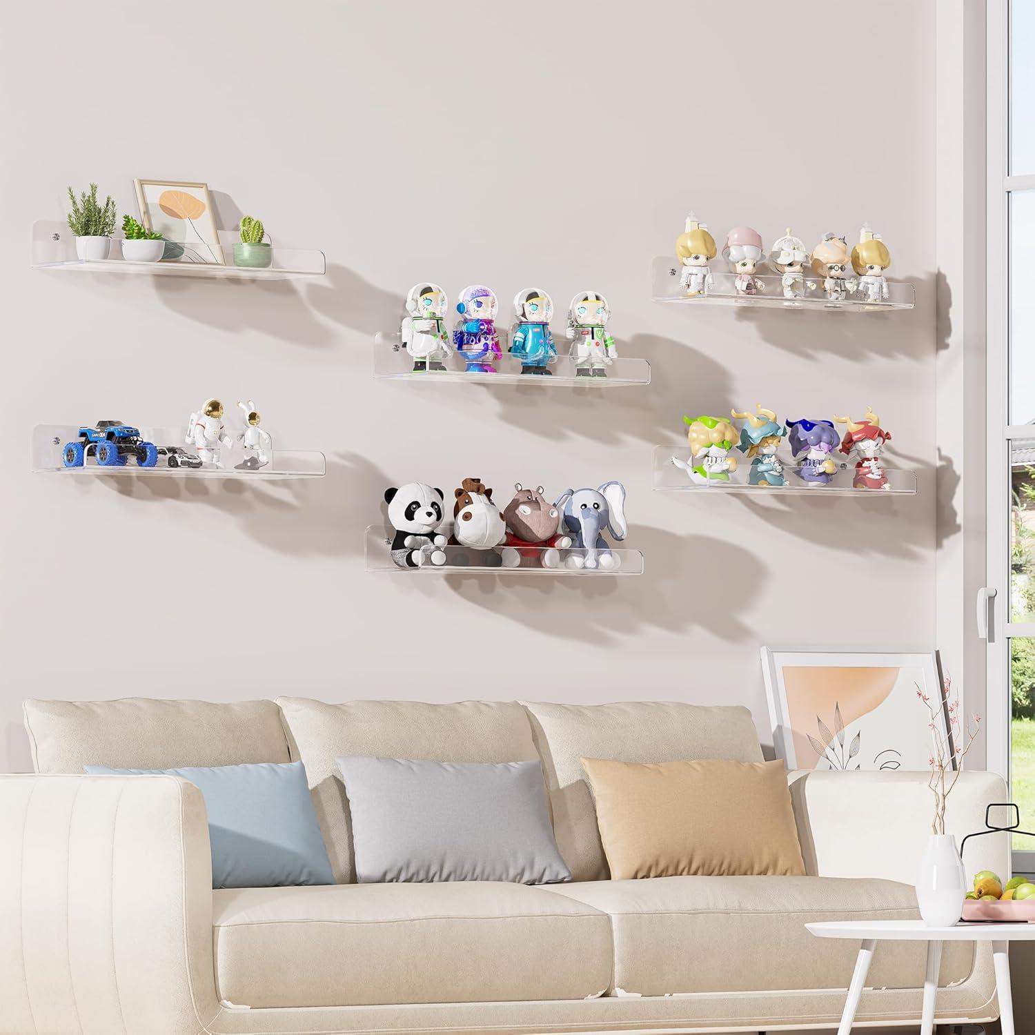 Acrylic Shelves for Wall Storage, 6 Pack Clear Floating Shelves for Lego Vinyl Record Monster Truck, Book Shelves for Kids Bedroom, Wall Mounted Shelf for Bathroom, Living Room, Kitchen