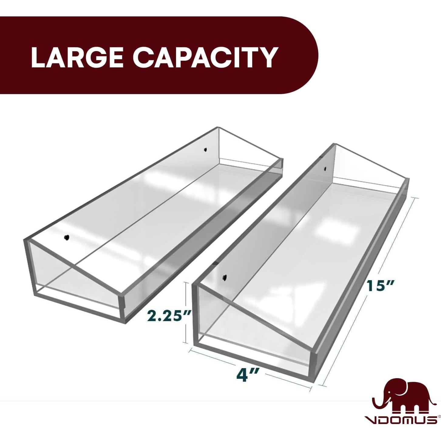 Vdomus Acrylic Bathroom Shelves, Set of 2-4" Dx15 Wx2.25 H Thick Wall Mounted Floating Shelves - Clear Storage and Display Shelving for Bathroom or Kitchen - No Drill Transparent Shower Organizer