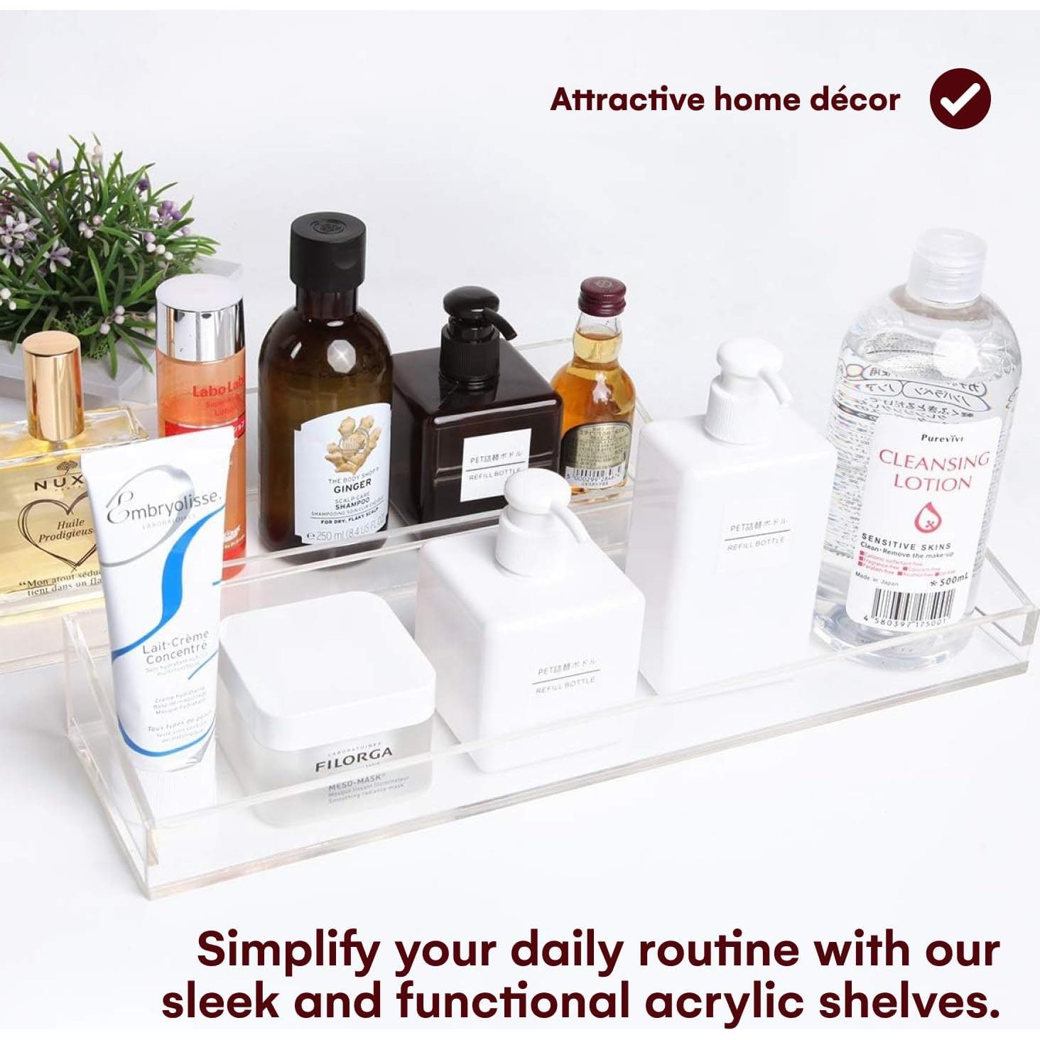 Vdomus Acrylic Bathroom Shelves, Set of 2-4" Dx15 Wx2.25 H Thick Wall Mounted Floating Shelves - Clear Storage and Display Shelving for Bathroom or Kitchen - No Drill Transparent Shower Organizer