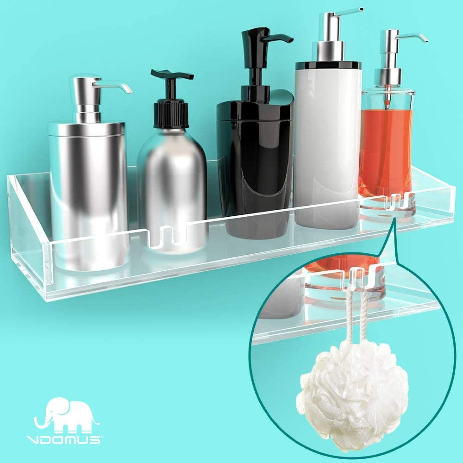 Vdomus Acrylic Bathroom Shelves, Set of 2-4" Dx15 Wx2.25 H Thick Wall Mounted Floating Shelves - Clear Storage and Display Shelving for Bathroom or Kitchen - No Drill Transparent Shower Organizer