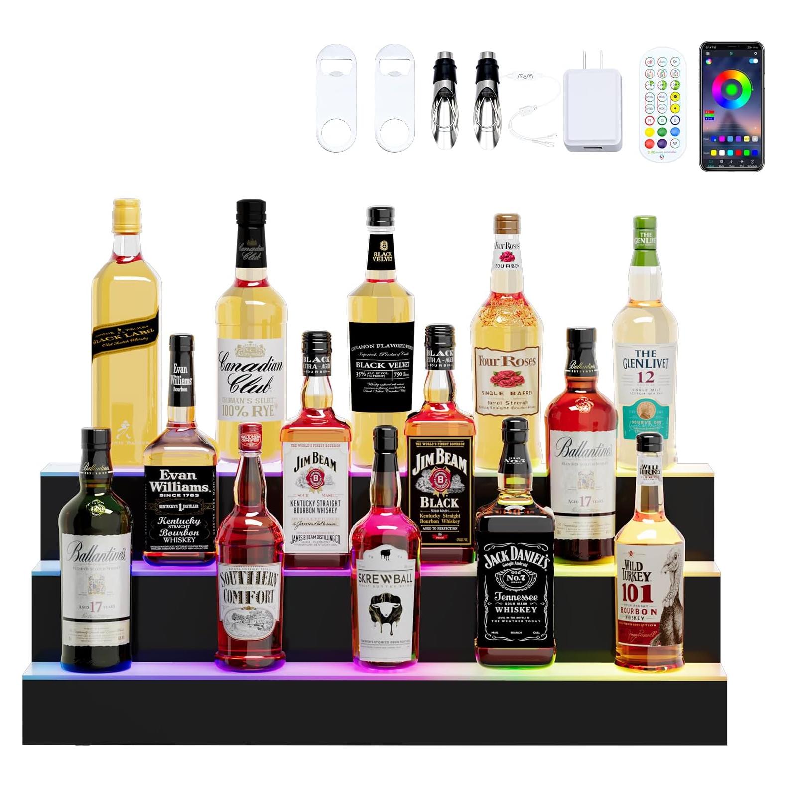 Estante para botellas de licor Dethan 3 niveles LED 49 cm