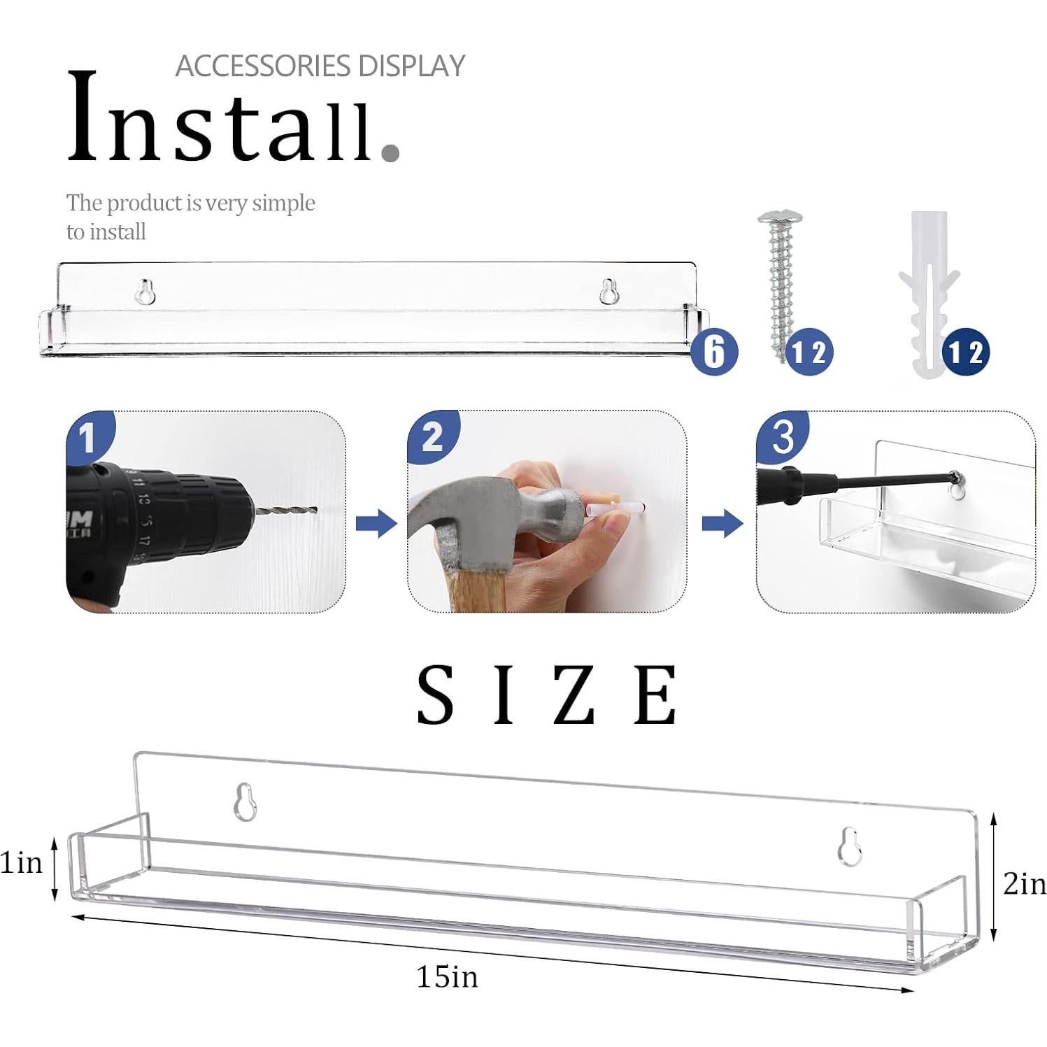 Estante Acrílico Montado en Pared Justsoso 6 Piezas 15"