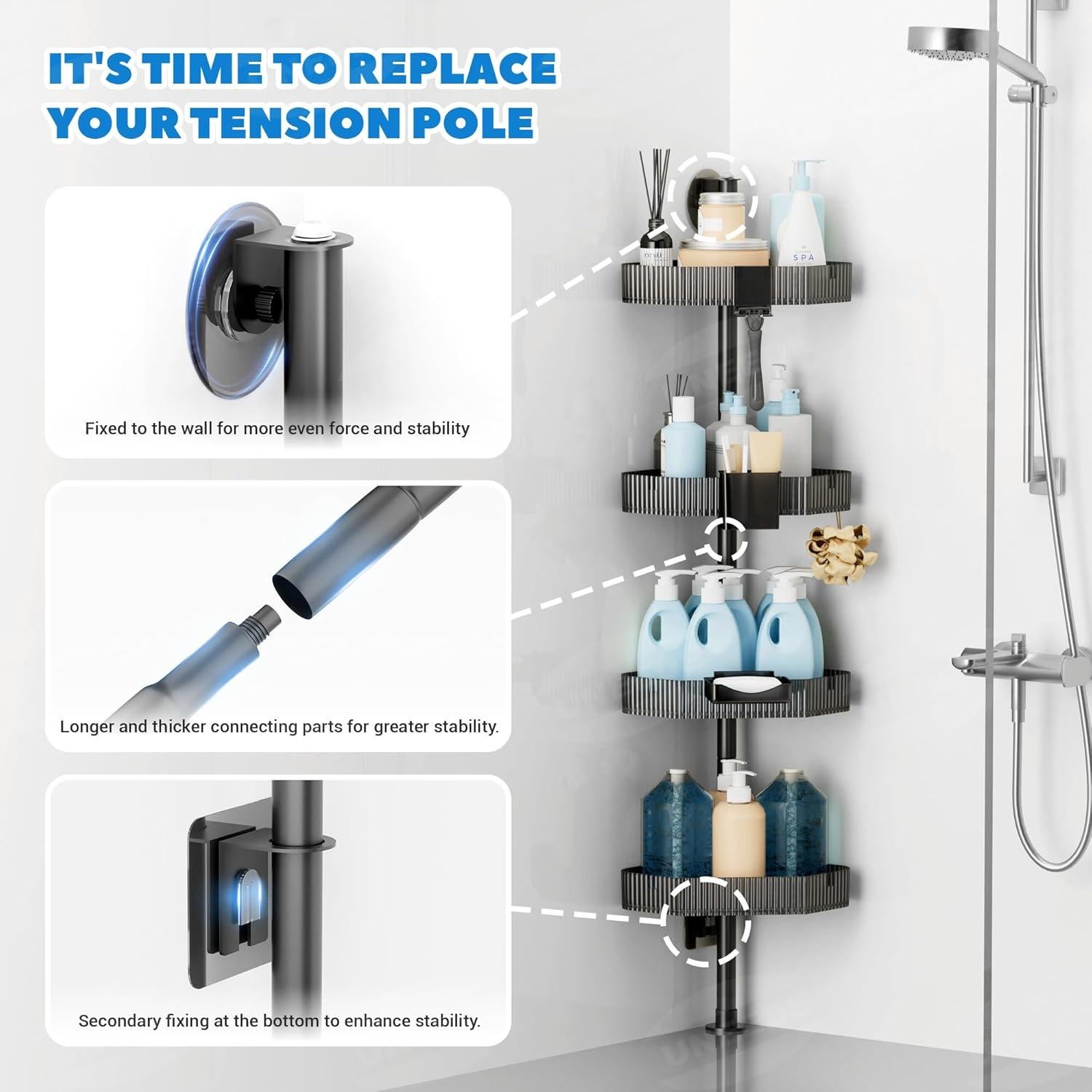 Estante de Ducha de Esquina UNEEDE Negro 4 Estantes 152.4cm