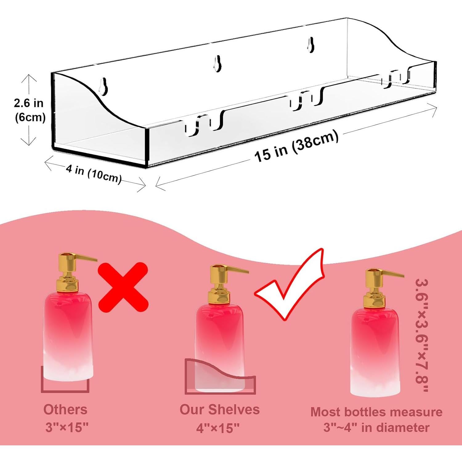 Estantes Acrílicos Flotantes XQIGI para Baño - 2 Paquetes 38.1x10.2cm