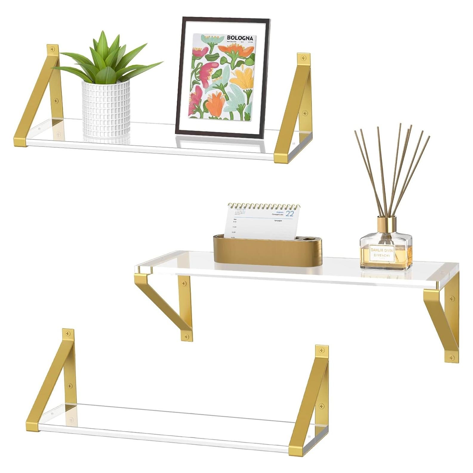 Estantes Flotantes Cilinta 3 Piezas 38.1cm Acrílico Dorado