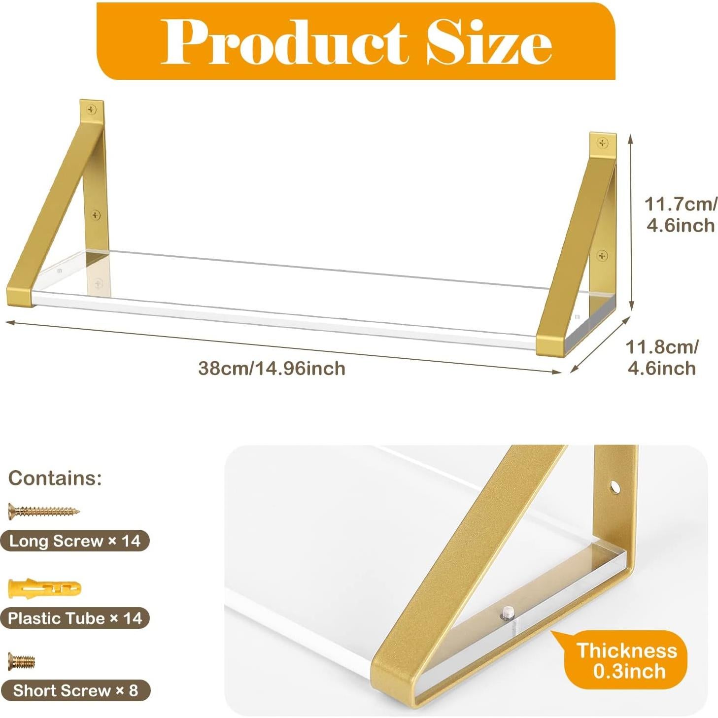 Estantes Flotantes Cilinta 3 Piezas 38.1cm Acrílico Dorado