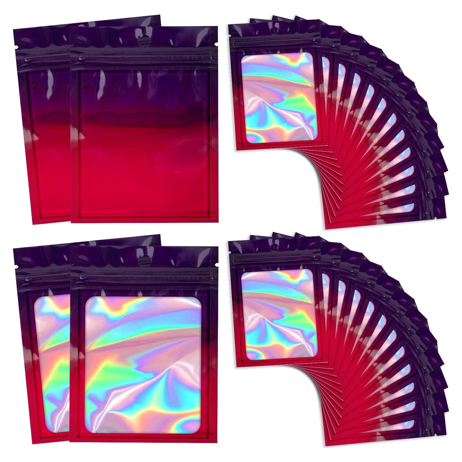 100 Resealable Holographic Bags with Clear Window, Multi-colored Reusable Mylar Ziplock Transparent Sample Bags