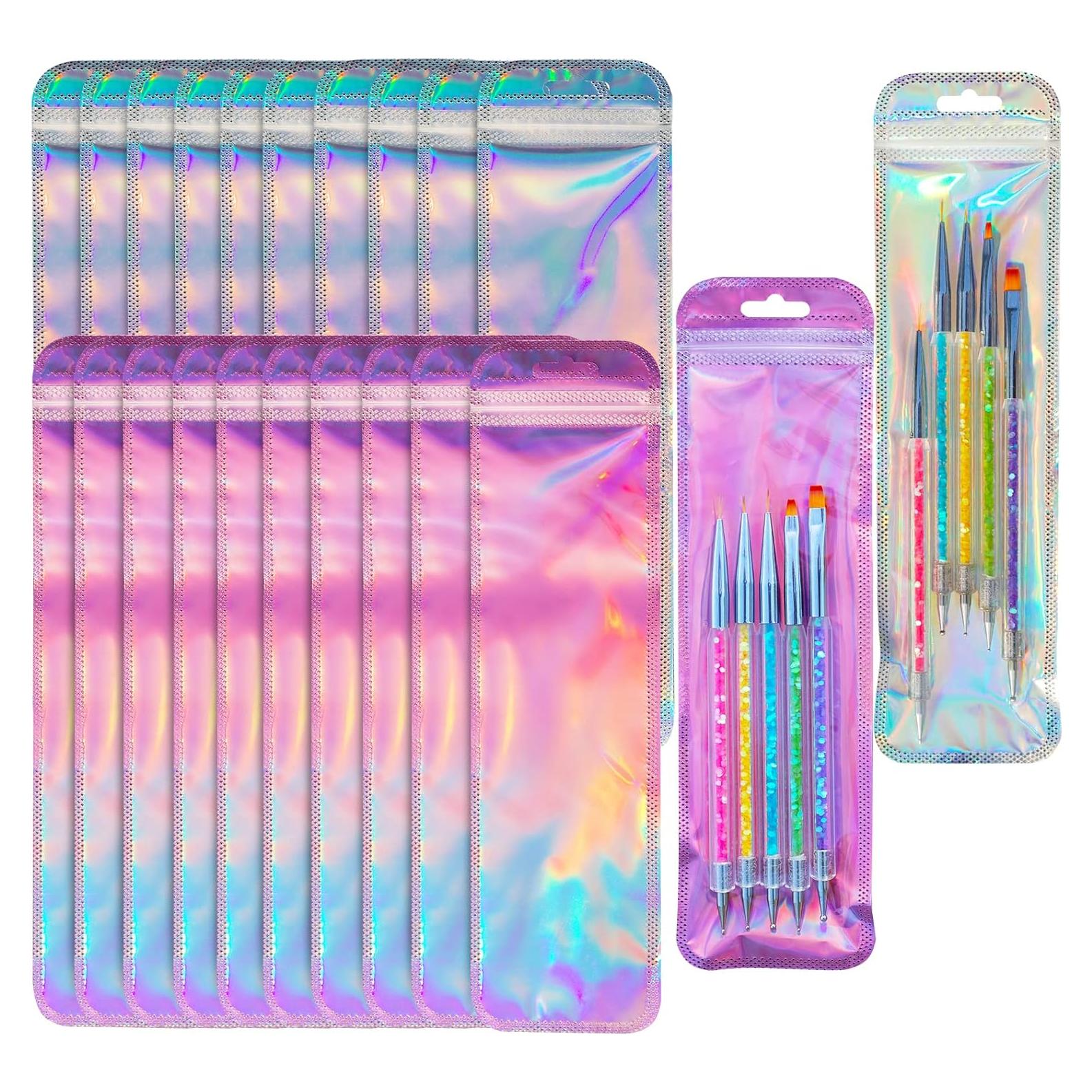 100PCS Holographic Packaging Bag, 2.5x9.4 Inch Resealable Ziplock Bags for Small Business, Pen, Lipgloss, Jewelry, Candy (50pcs Holographic + 50pcs Rose)