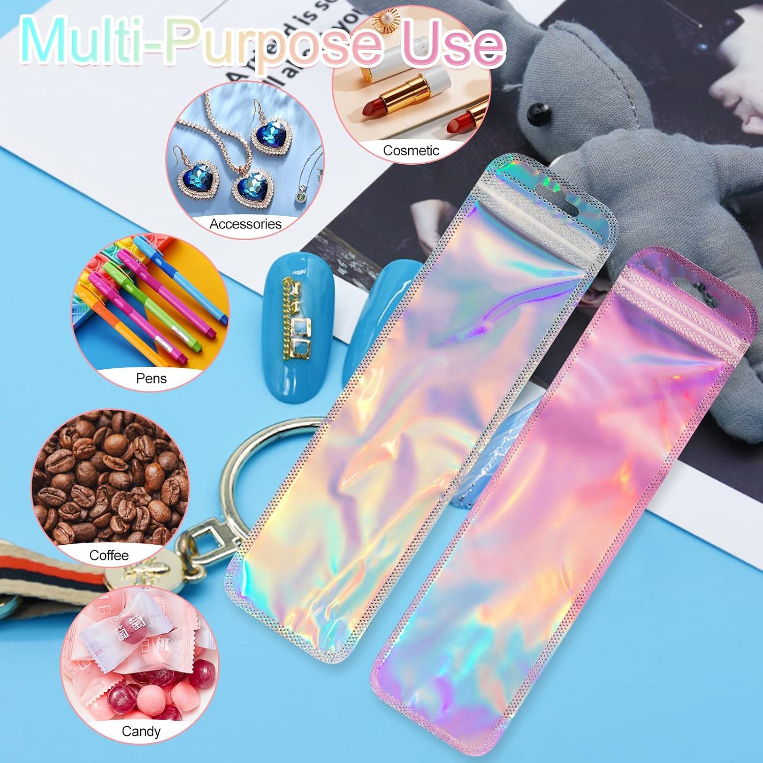 100PCS Holographic Packaging Bag, 2.5x9.4 Inch Resealable Ziplock Bags for Small Business, Pen, Lipgloss, Jewelry, Candy (50pcs Holographic + 50pcs Rose)