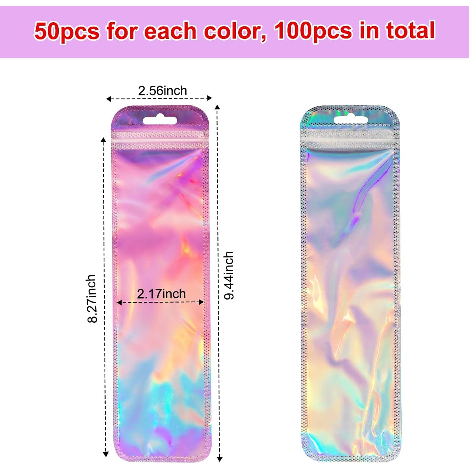 100PCS Holographic Packaging Bag, 2.5x9.4 Inch Resealable Ziplock Bags for Small Business, Pen, Lipgloss, Jewelry, Candy (50pcs Holographic + 50pcs Rose)