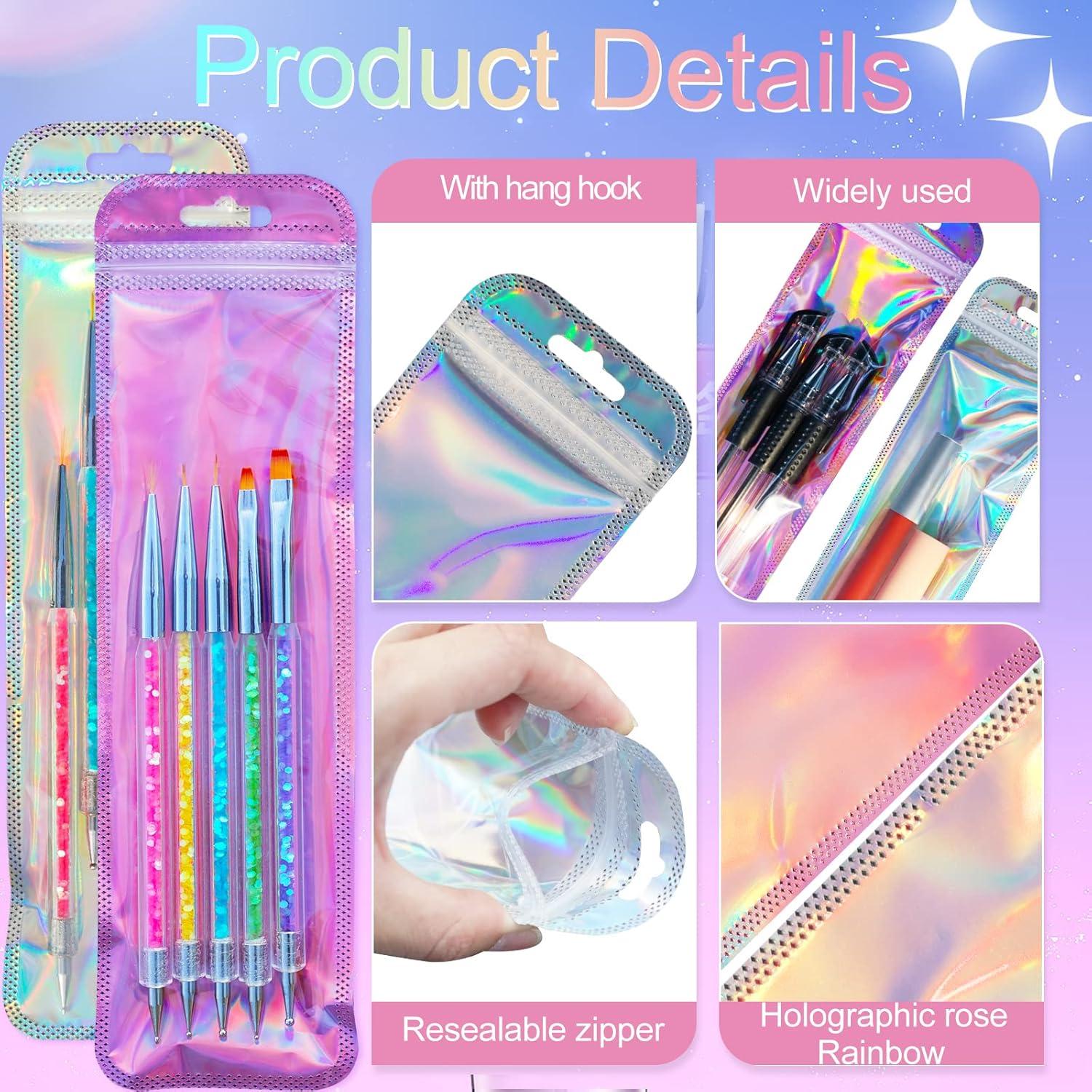 100PCS Holographic Packaging Bag, 2.5x9.4 Inch Resealable Ziplock Bags for Small Business, Pen, Lipgloss, Jewelry, Candy (50pcs Holographic + 50pcs Rose)