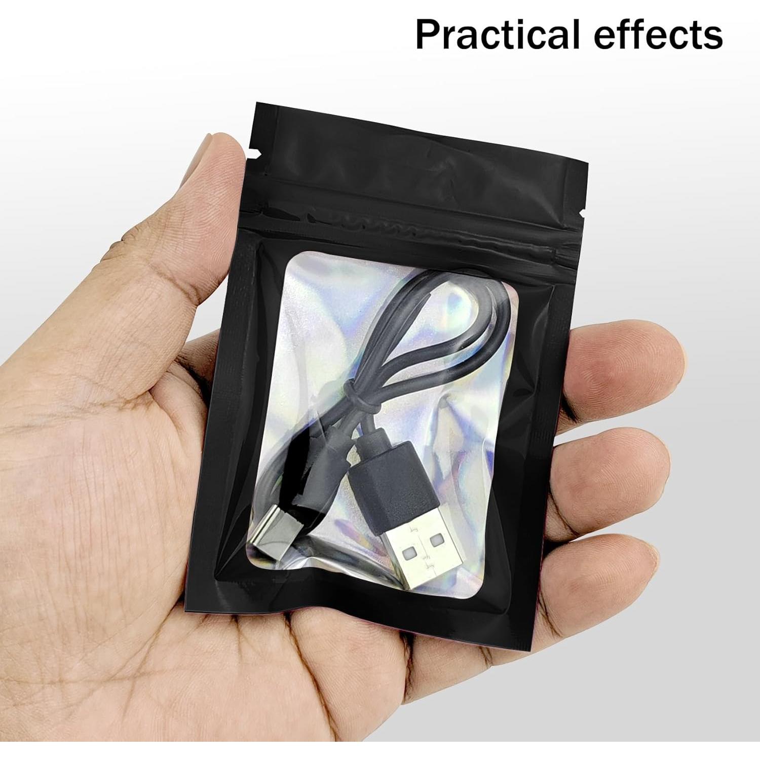 100 Bolsas Mylar Negras 6.9x10 cm con Ventana Clara CHTUGEM