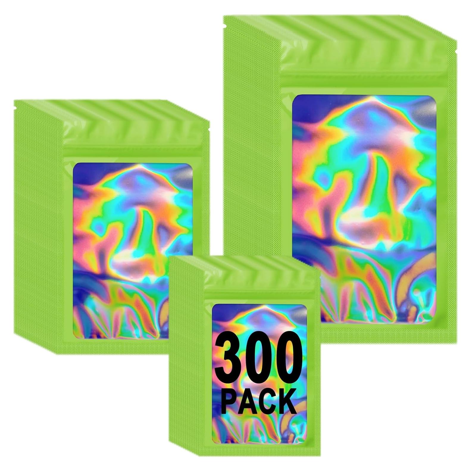 300 Pack 3 Sizes Resealable Mylar Bags for Food Storage, Smell Proof Holographic Packaging Bags for Small Business, Foil Zipper Pouch for Party Favor (Green, 3x4.7, 4x6, 4.7x7.9 inch)