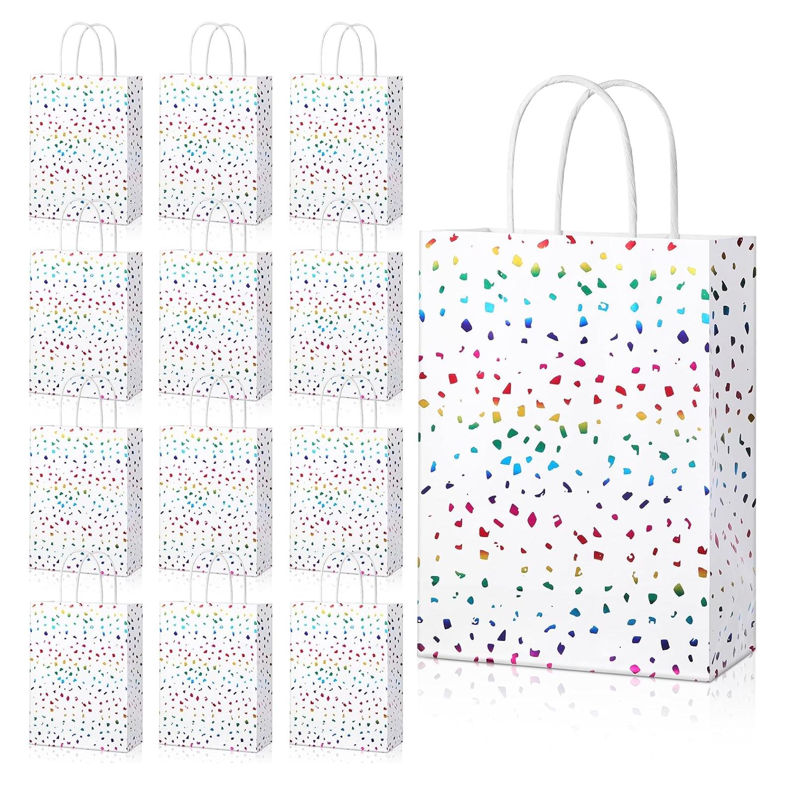 Pasimy 24 Pcs Rainbow Confetti Paper Gift Bags with Handles Rainbow Sparkle Kraft Paper Favor Bags Glitter Tissue Treat for Birthday Wedding Christmas Baby Shower Supplies