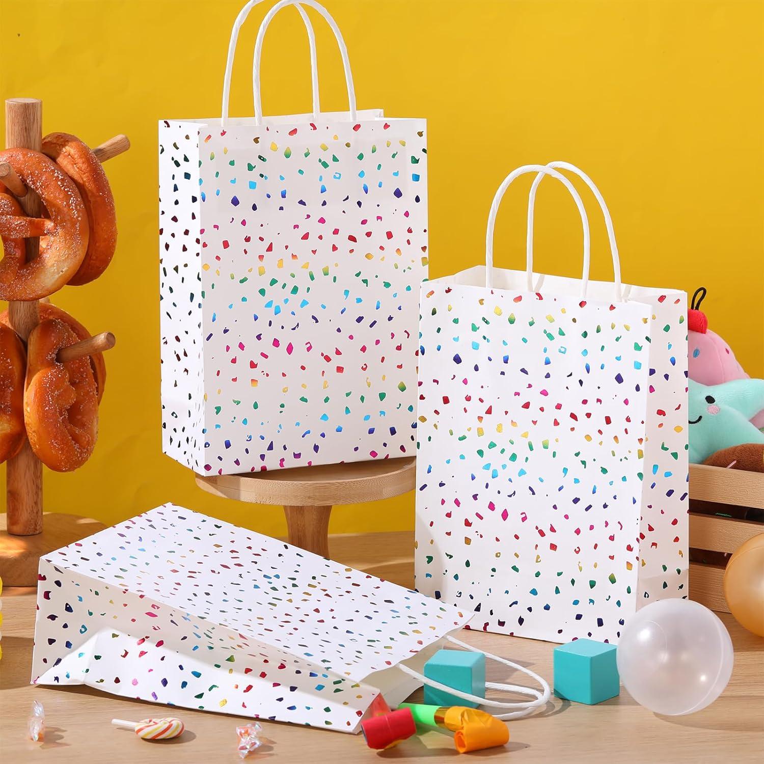 Pasimy 24 Pcs Rainbow Confetti Paper Gift Bags with Handles Rainbow Sparkle Kraft Paper Favor Bags Glitter Tissue Treat for Birthday Wedding Christmas Baby Shower Supplies