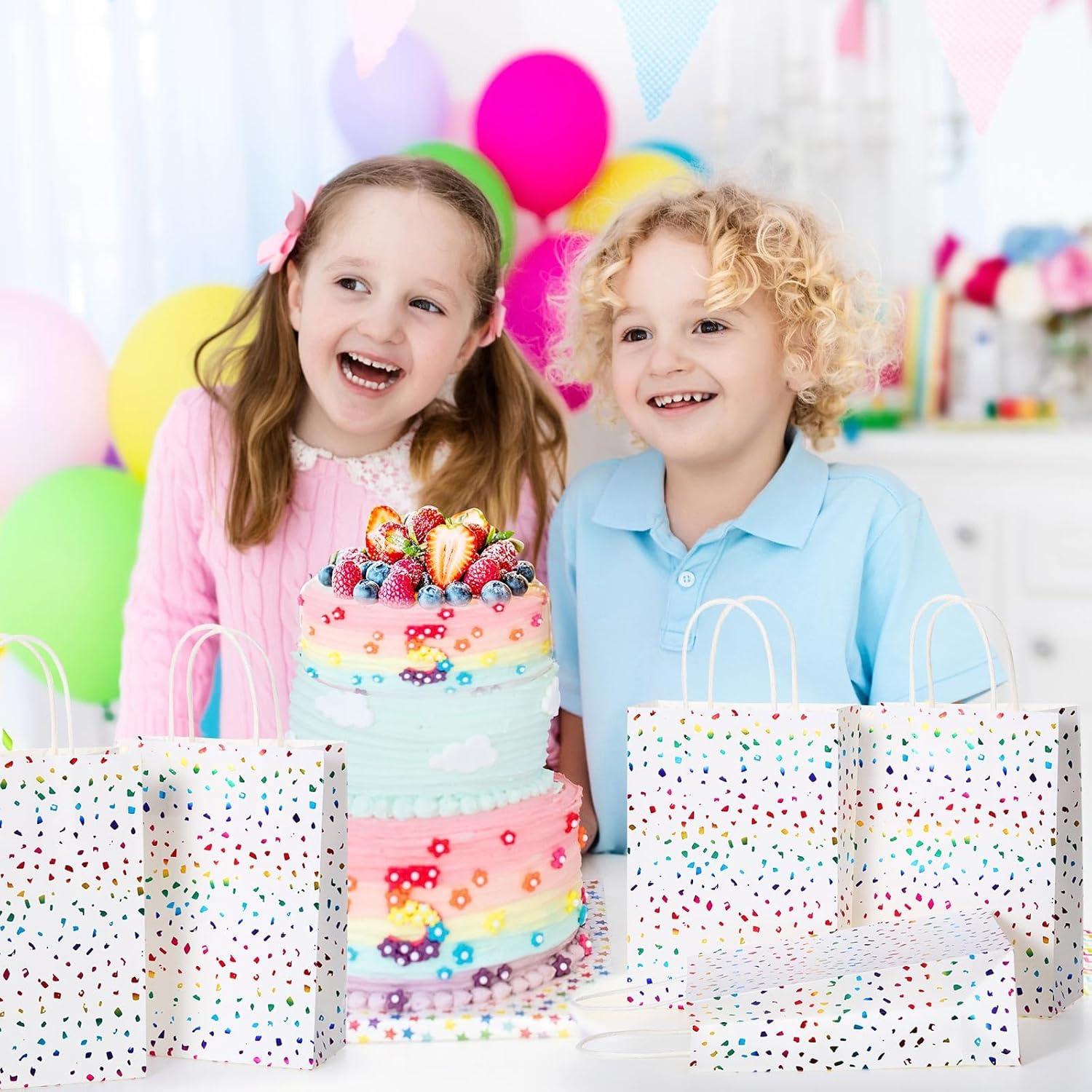 Pasimy 24 Pcs Rainbow Confetti Paper Gift Bags with Handles Rainbow Sparkle Kraft Paper Favor Bags Glitter Tissue Treat for Birthday Wedding Christmas Baby Shower Supplies