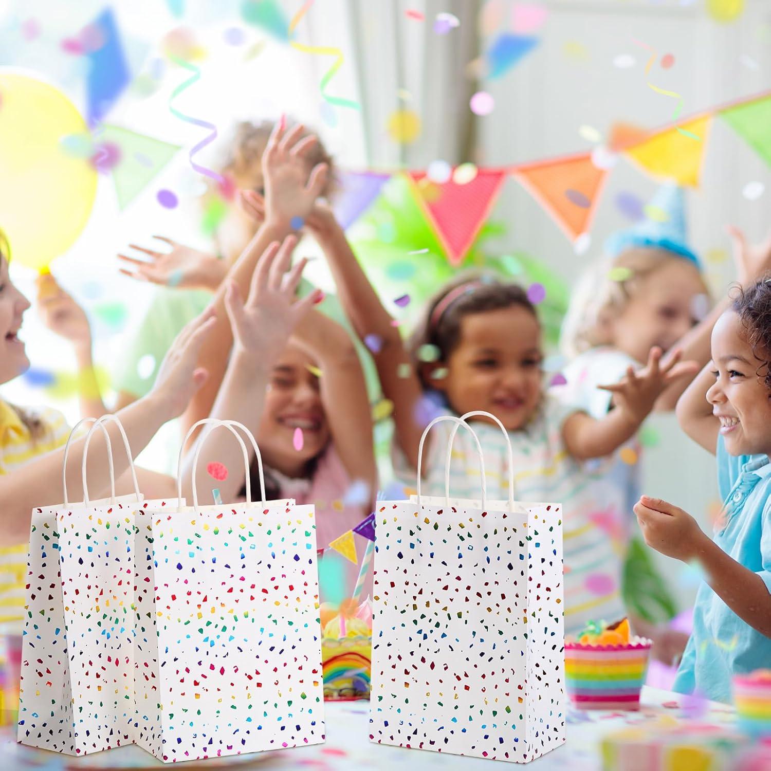 Pasimy 24 Pcs Rainbow Confetti Paper Gift Bags with Handles Rainbow Sparkle Kraft Paper Favor Bags Glitter Tissue Treat for Birthday Wedding Christmas Baby Shower Supplies