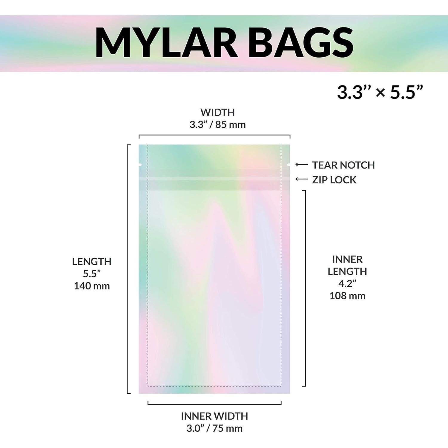 Bolsas Mylar con Ziplock 8.4 x 14 cm | 100 Unidades | Holográfico