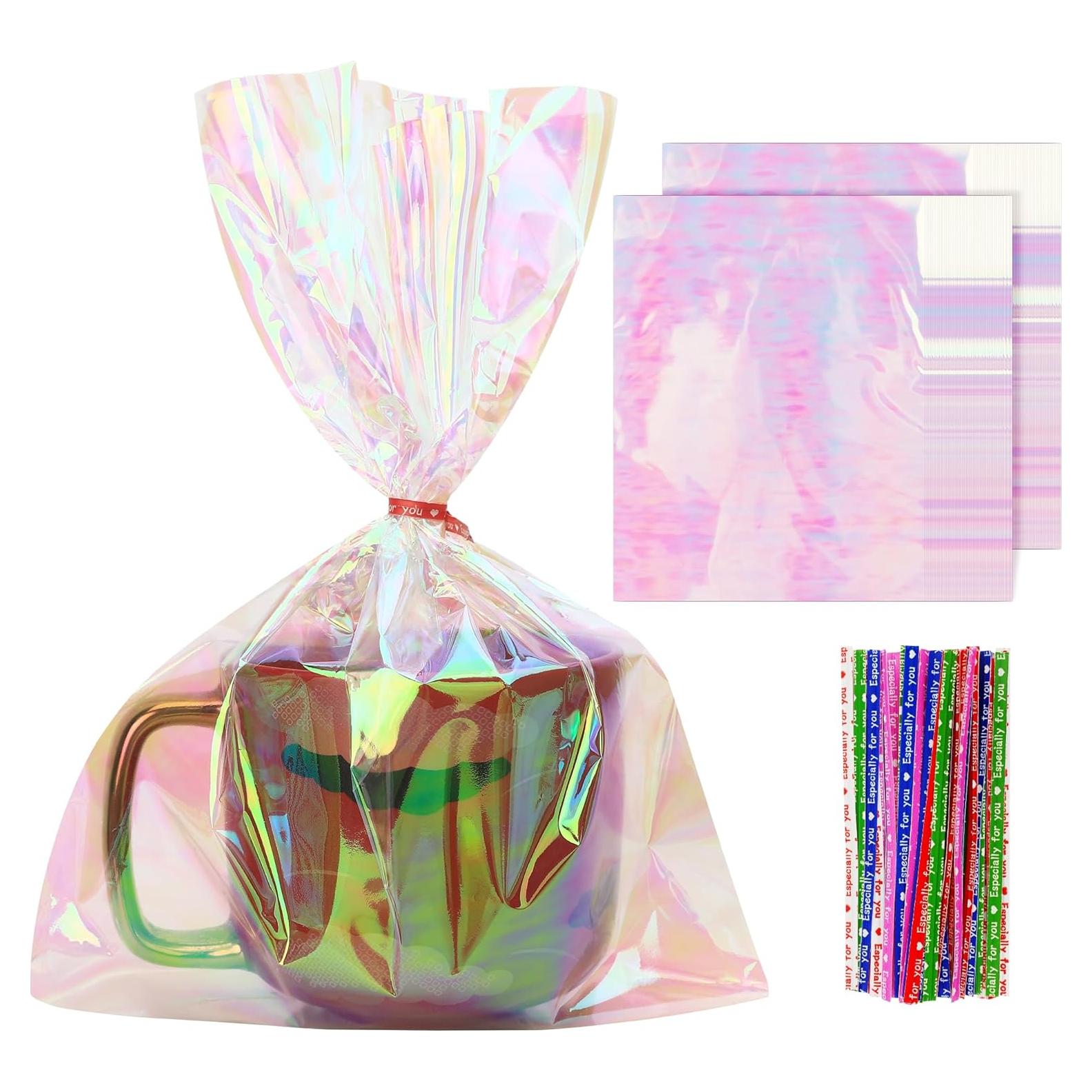 100 Bolsas Holográficas 21x28 cm con Lazos Coloridos para Regalos