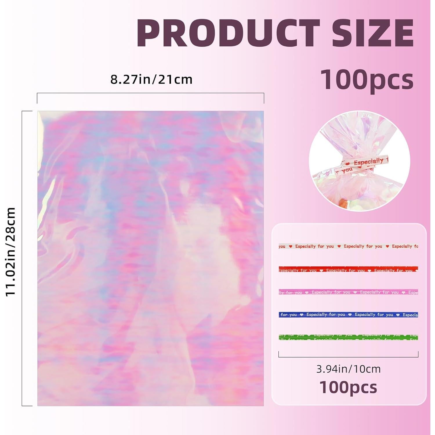 100 Bolsas Holográficas 21x28 cm con Lazos Coloridos para Regalos