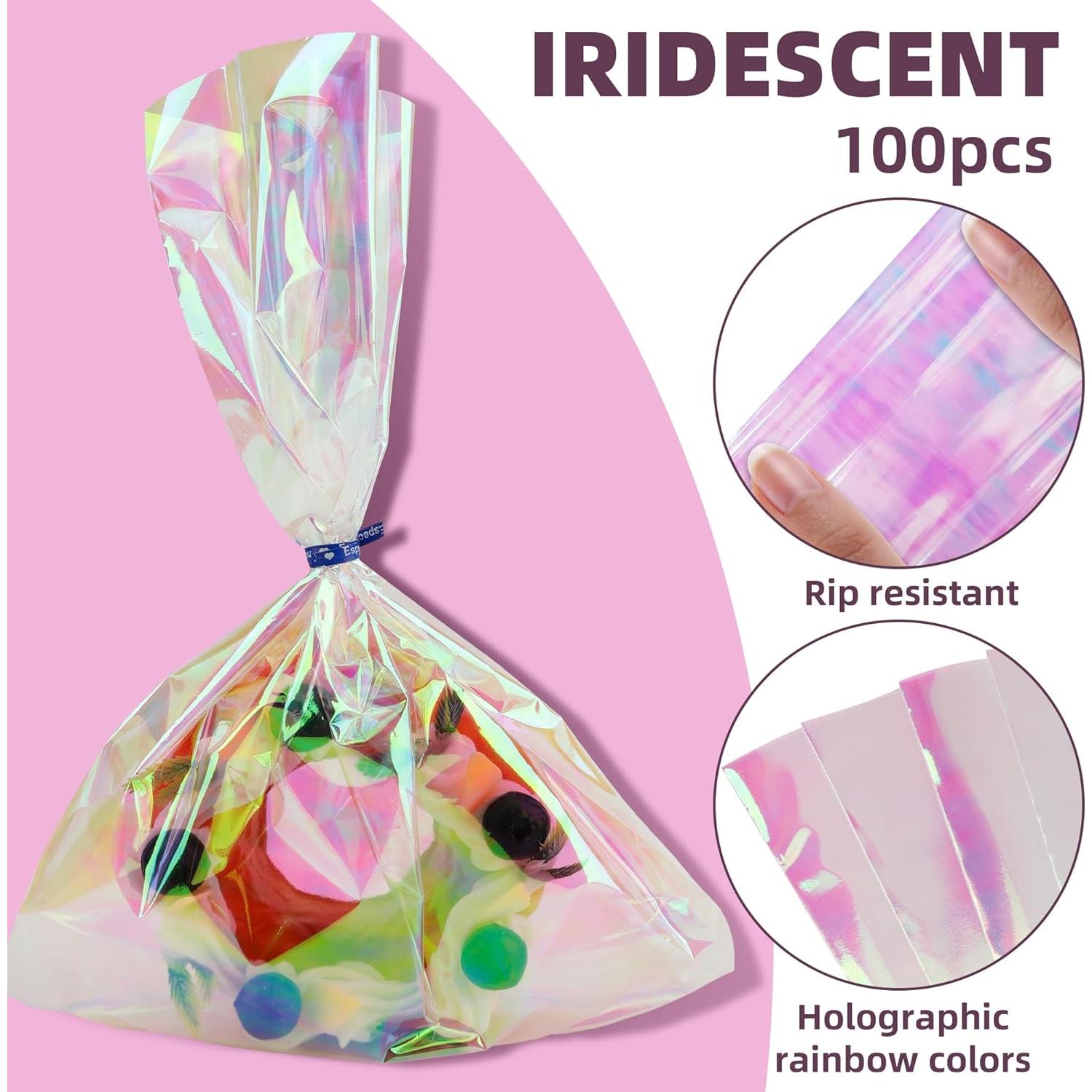 100 Bolsas Holográficas 21x28 cm con Lazos Coloridos para Regalos