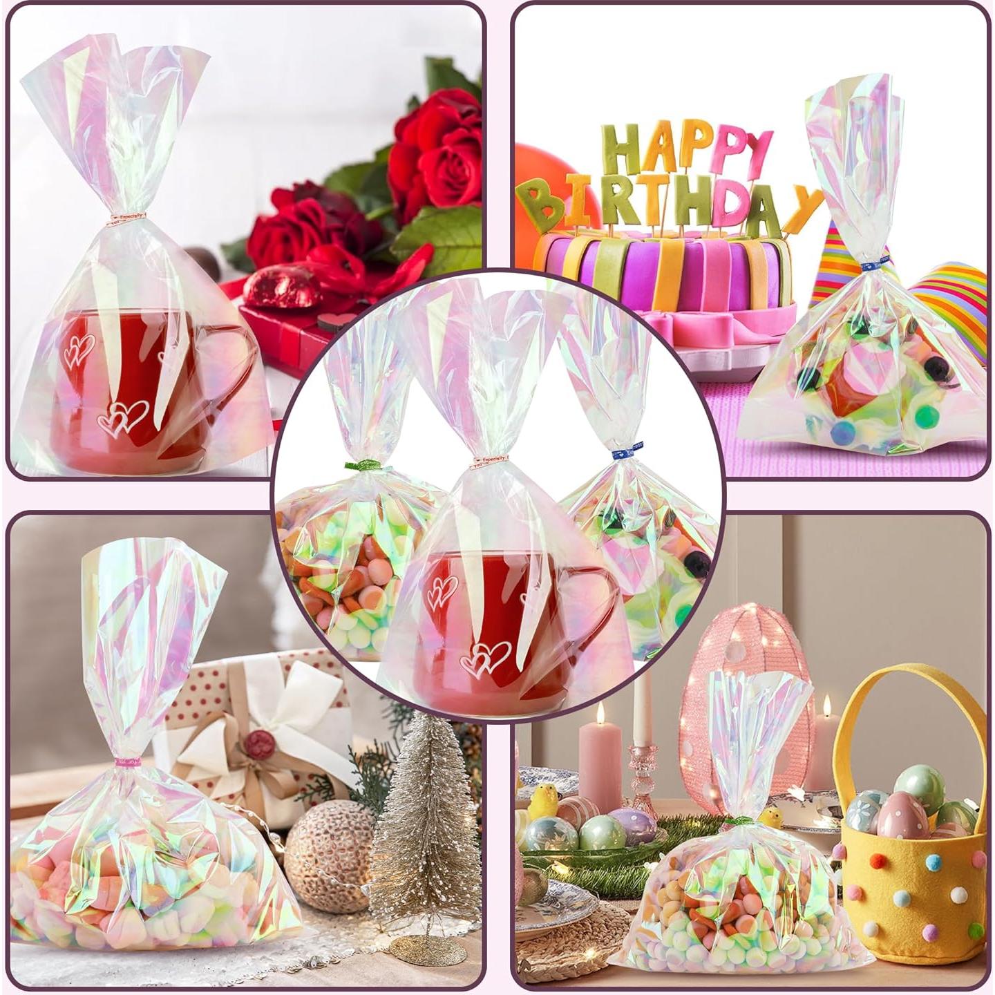 100 Bolsas Holográficas 21x28 cm con Lazos Coloridos para Regalos
