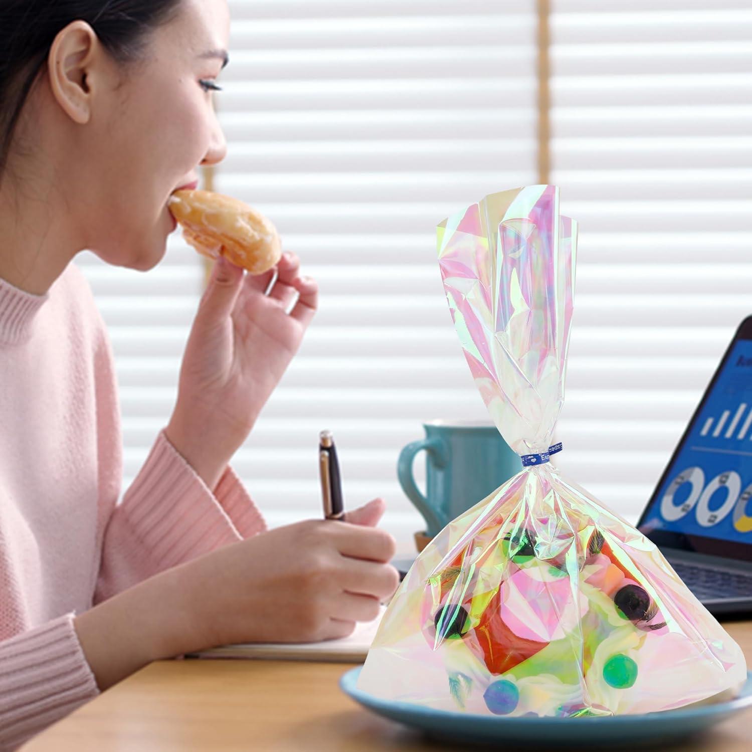 100 Bolsas Holográficas 21x28 cm con Lazos Coloridos para Regalos