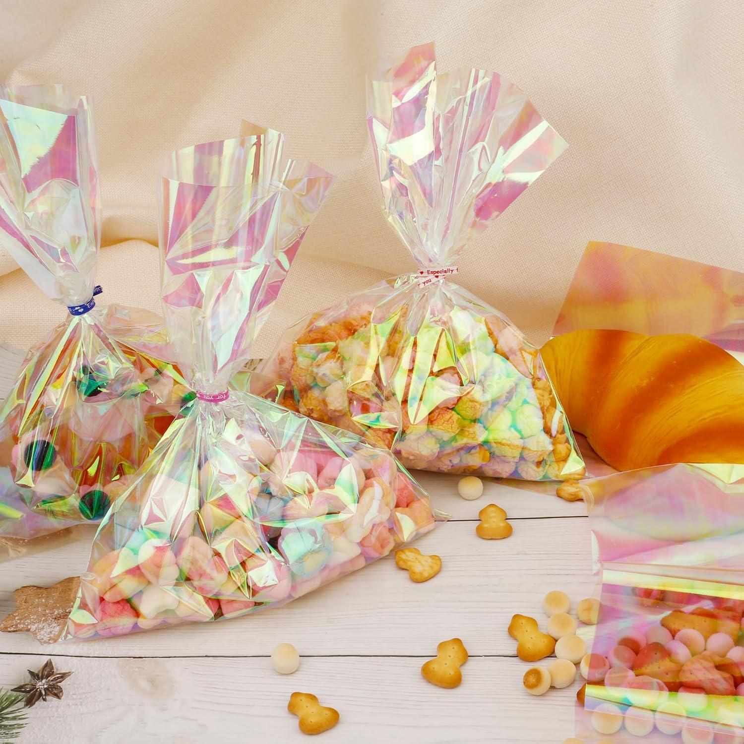 100 Bolsas Holográficas 21x28 cm con Lazos Coloridos para Regalos