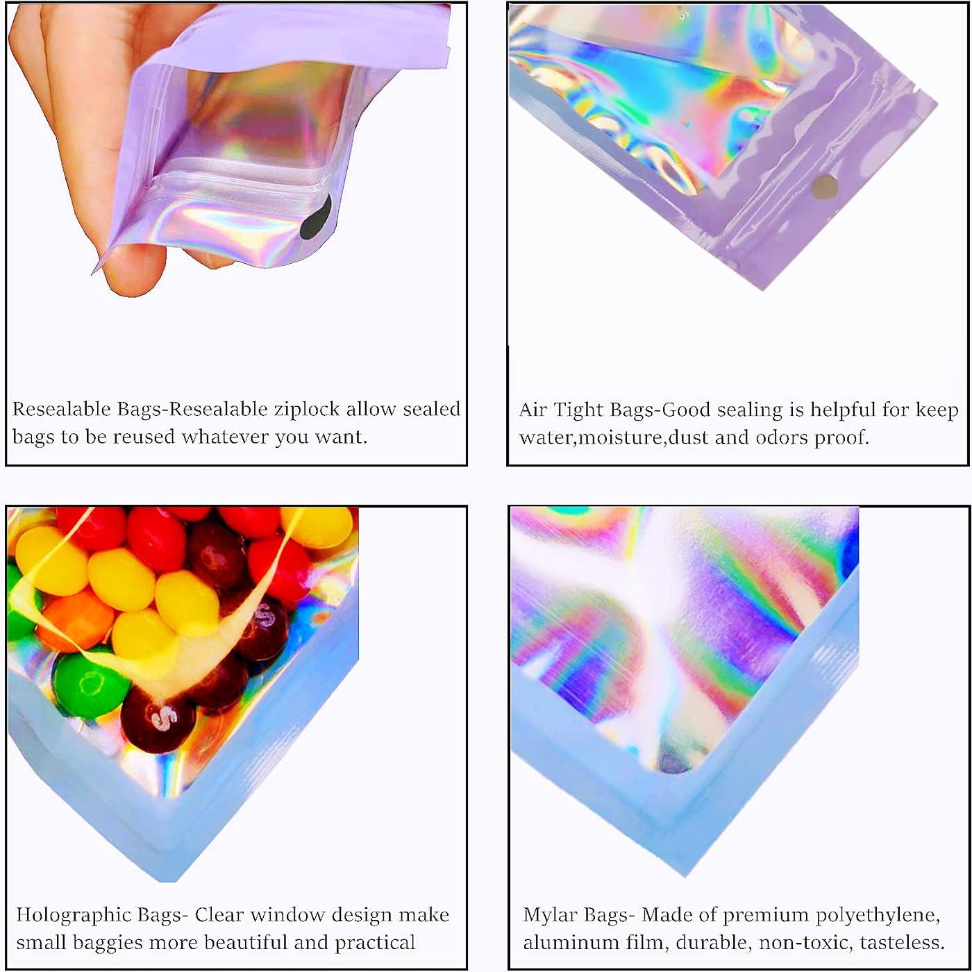 100 Bolsas Holográficas Mylar 6.9x9.9 cm Loveaiai Reutilizables