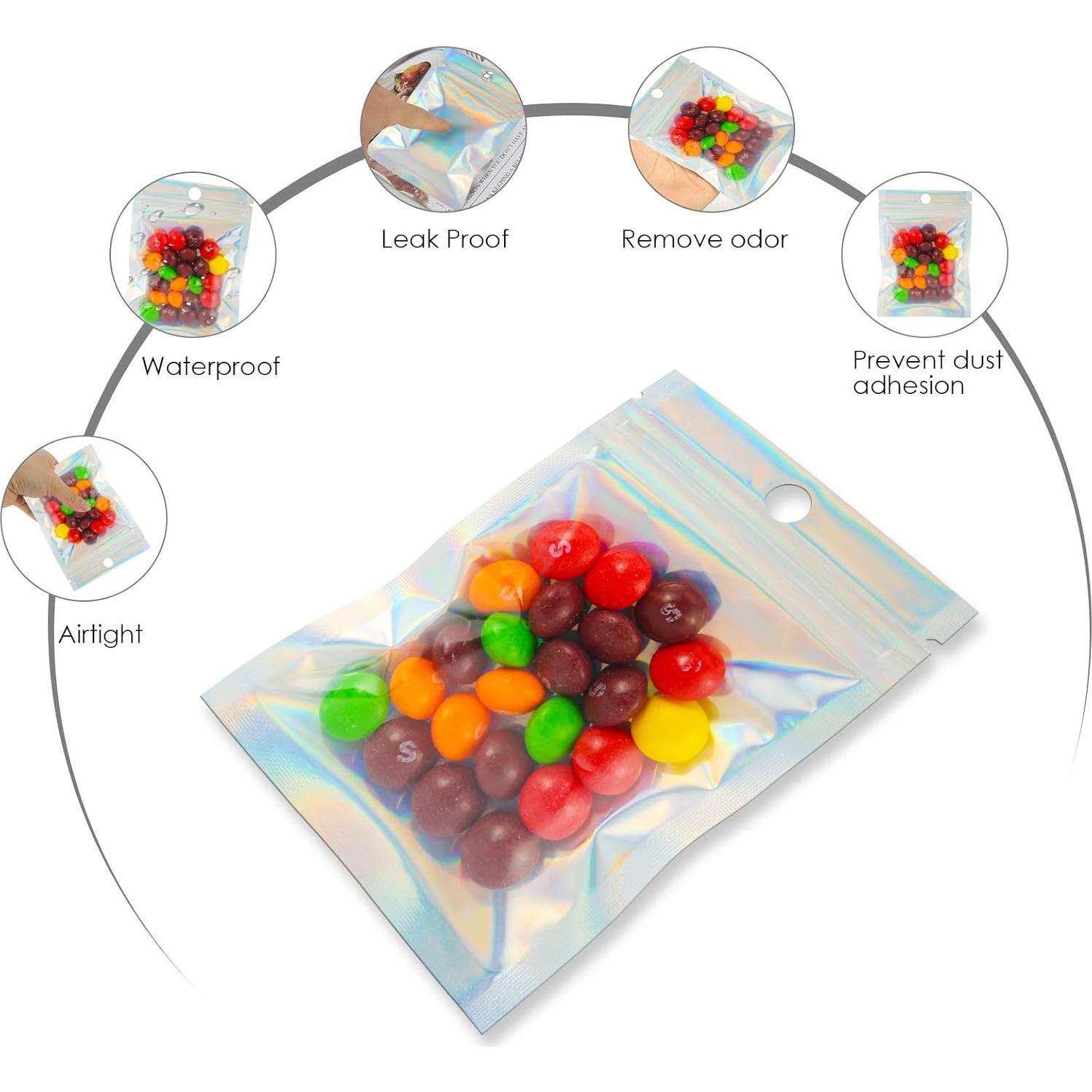 Bolsas Mylar Reutilizables MALENOO 100 Pcs 7.6x10 cm Holográficas