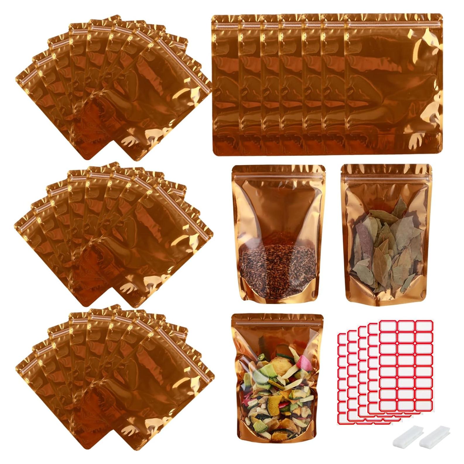 200 Bolsas Mylar Doradas 9.9x15 cm Resellables con Ventana