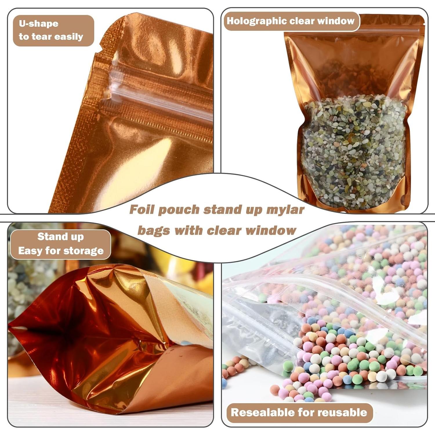 200 Bolsas Mylar Doradas 9.9x15 cm Resellables con Ventana