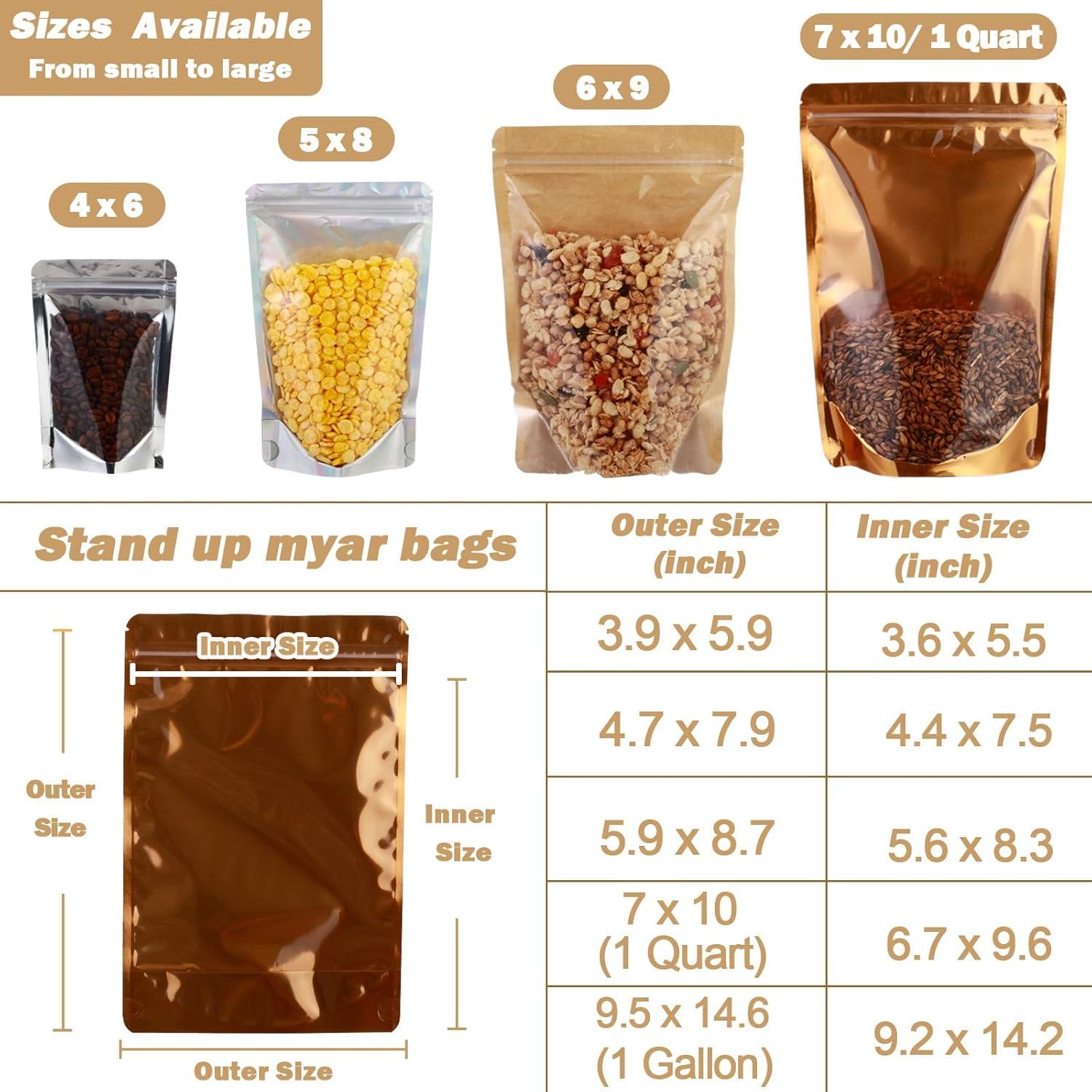 200 Bolsas Mylar Doradas 9.9x15 cm Resellables con Ventana